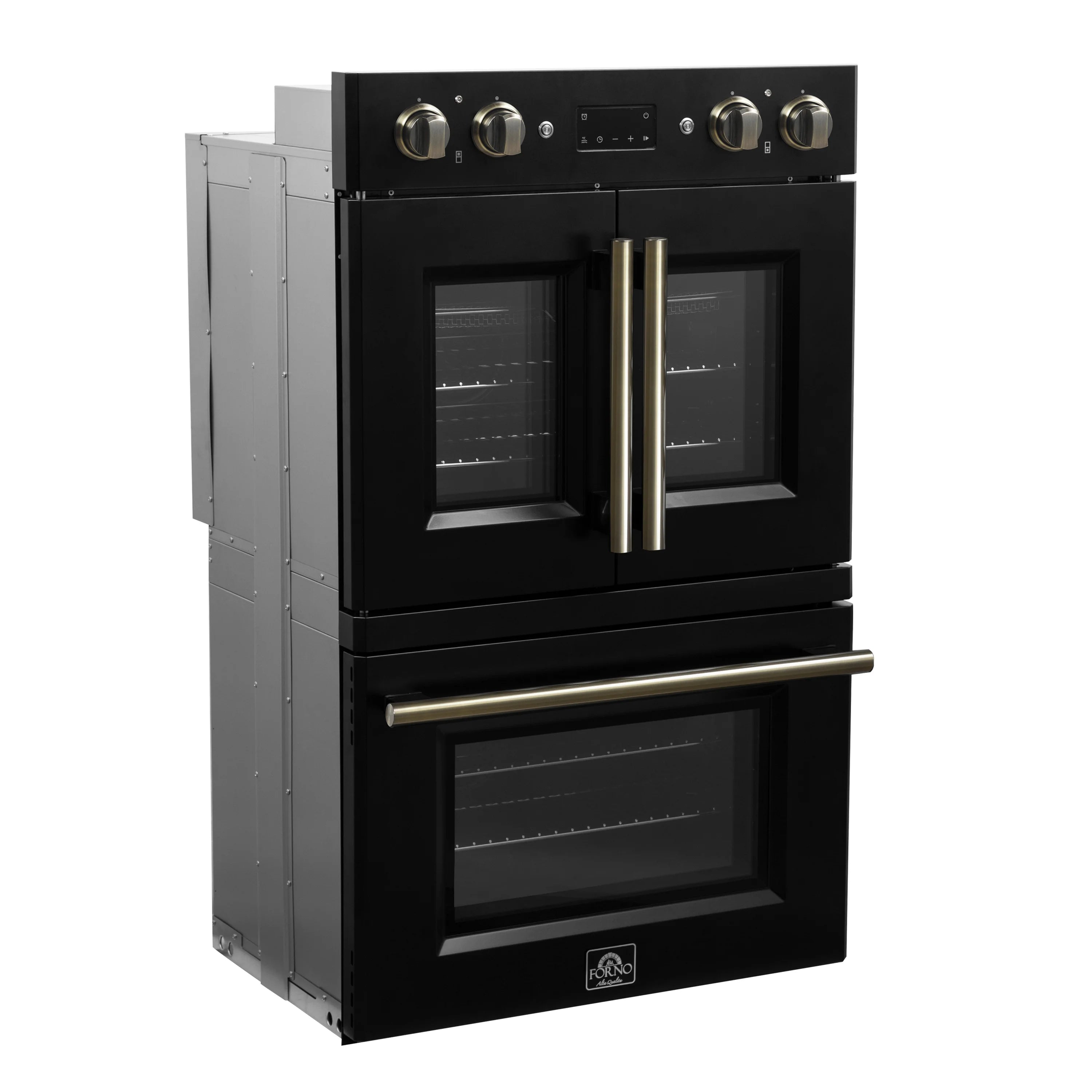 Black double wall oven with upper and lower glass doors, brass vertical handles