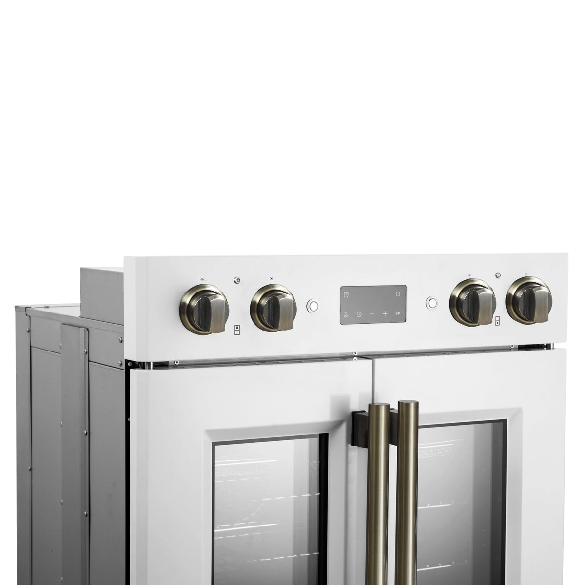 White double wall oven control panel with knobs and digital display