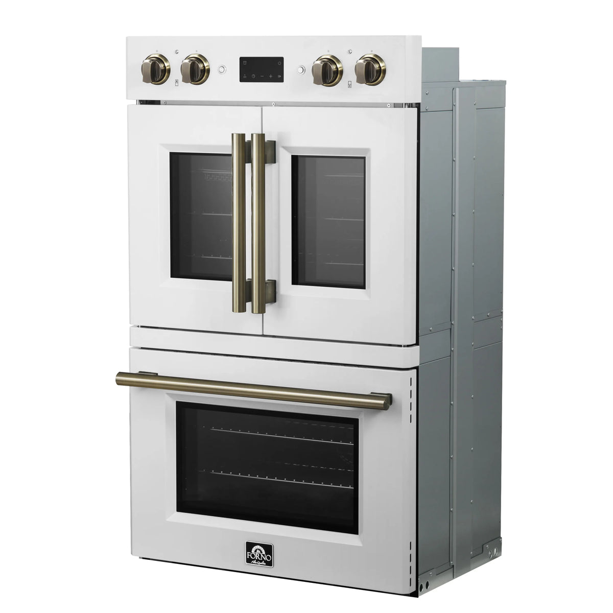 Forno Asti double electric wall oven, open upper doors with interior windows