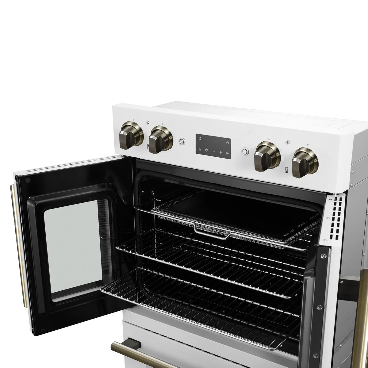Forno Asti double electric wall oven with door open, black cavity and wire racks