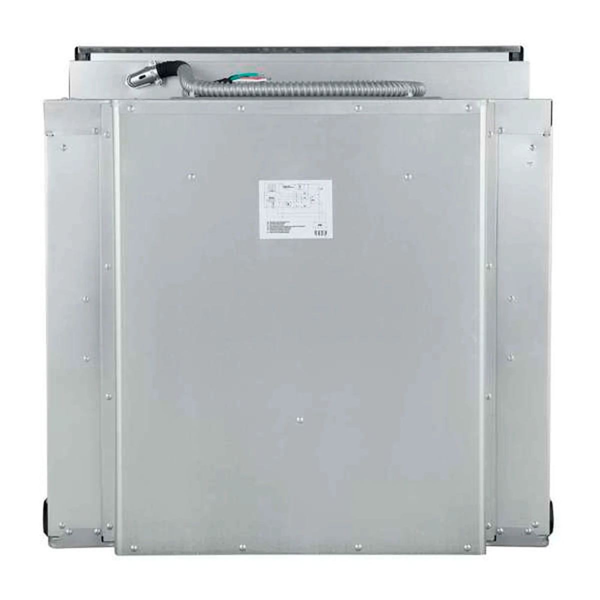 Wall oven rear panel with power/service label and attached flexible hose