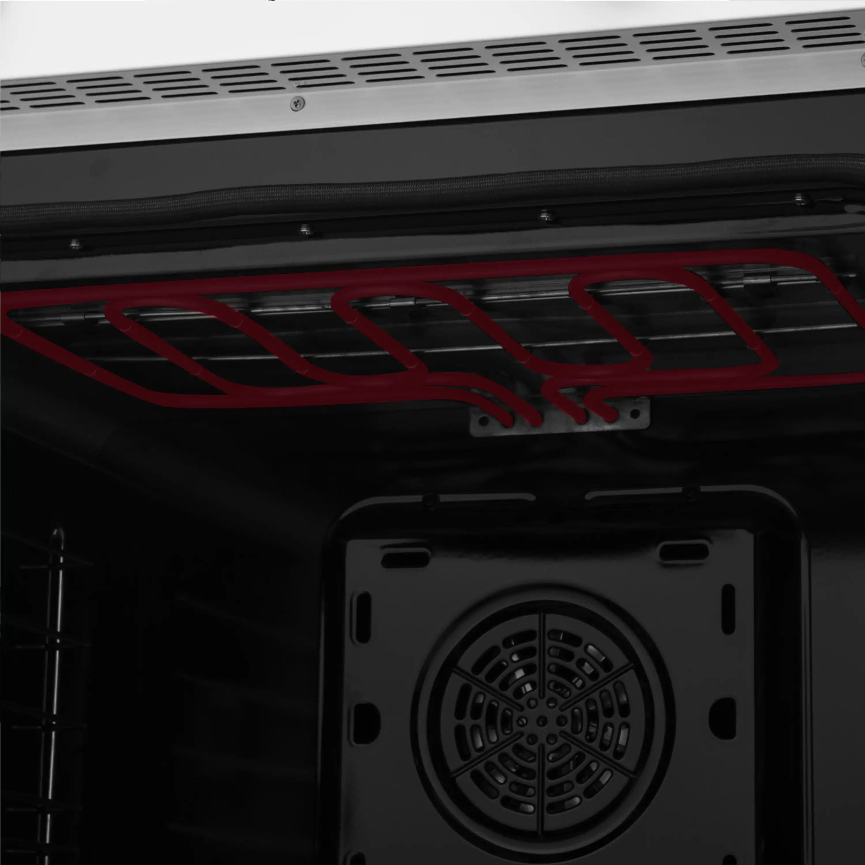 Black oven cavity floor with fan vent and visible red wiring detail