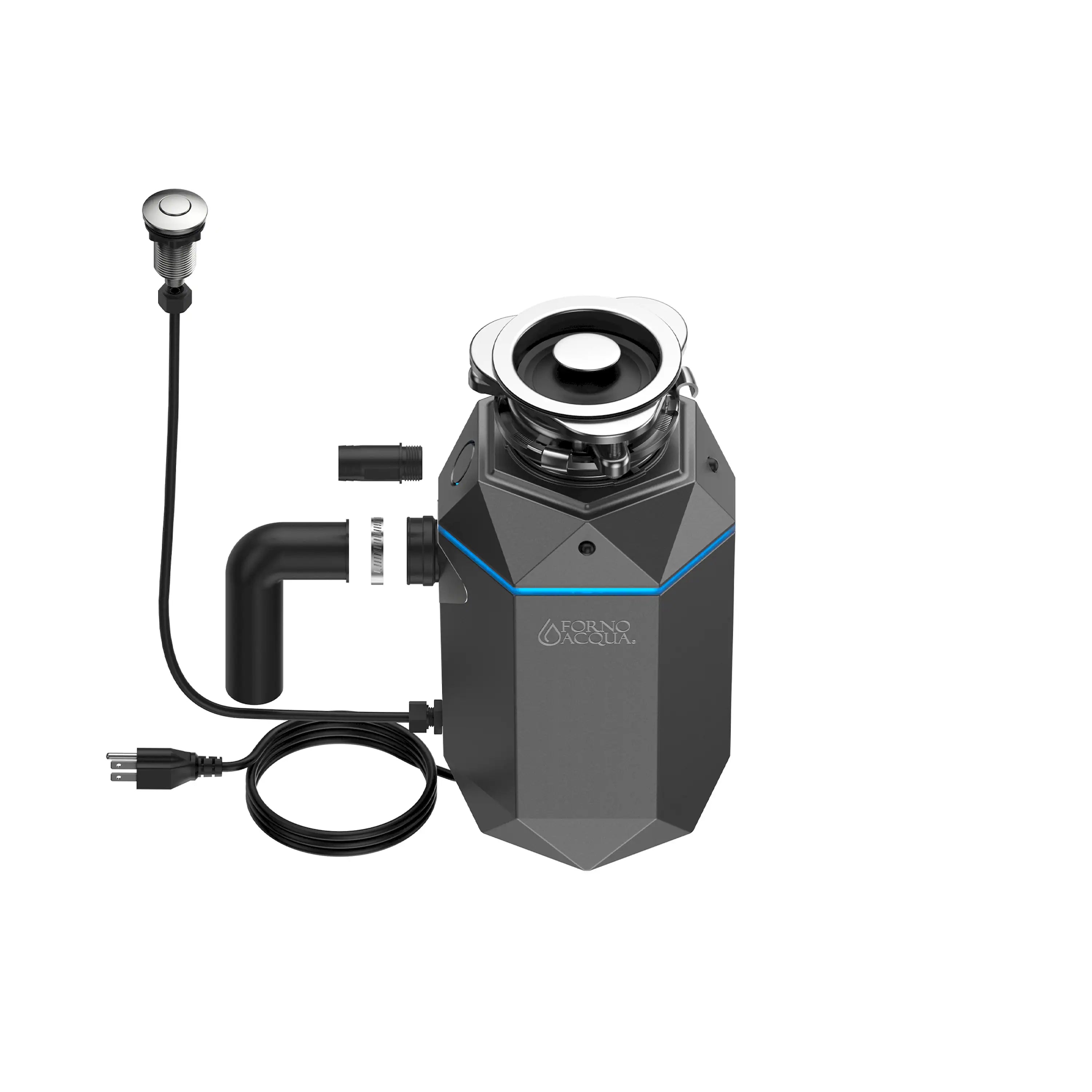Garbage disposal kit with pre-installed power cord, drain hose, and air switch