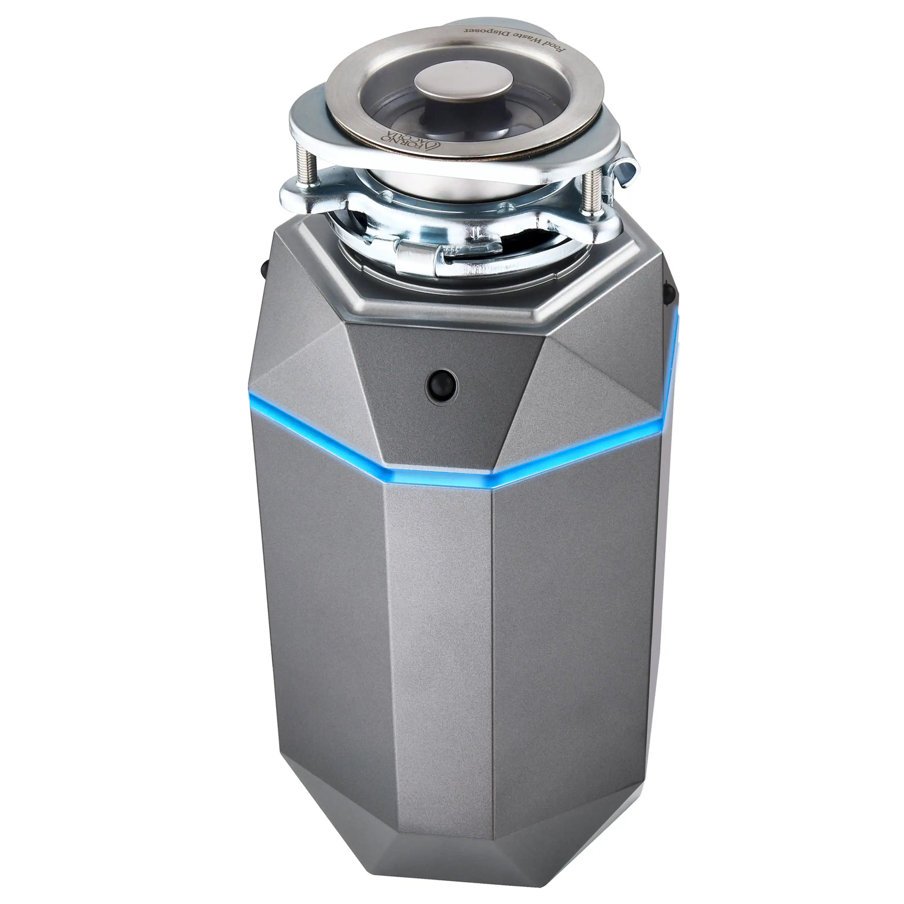 Garbage disposal with stainless top plate and brushed gray housing, front view with blue trim