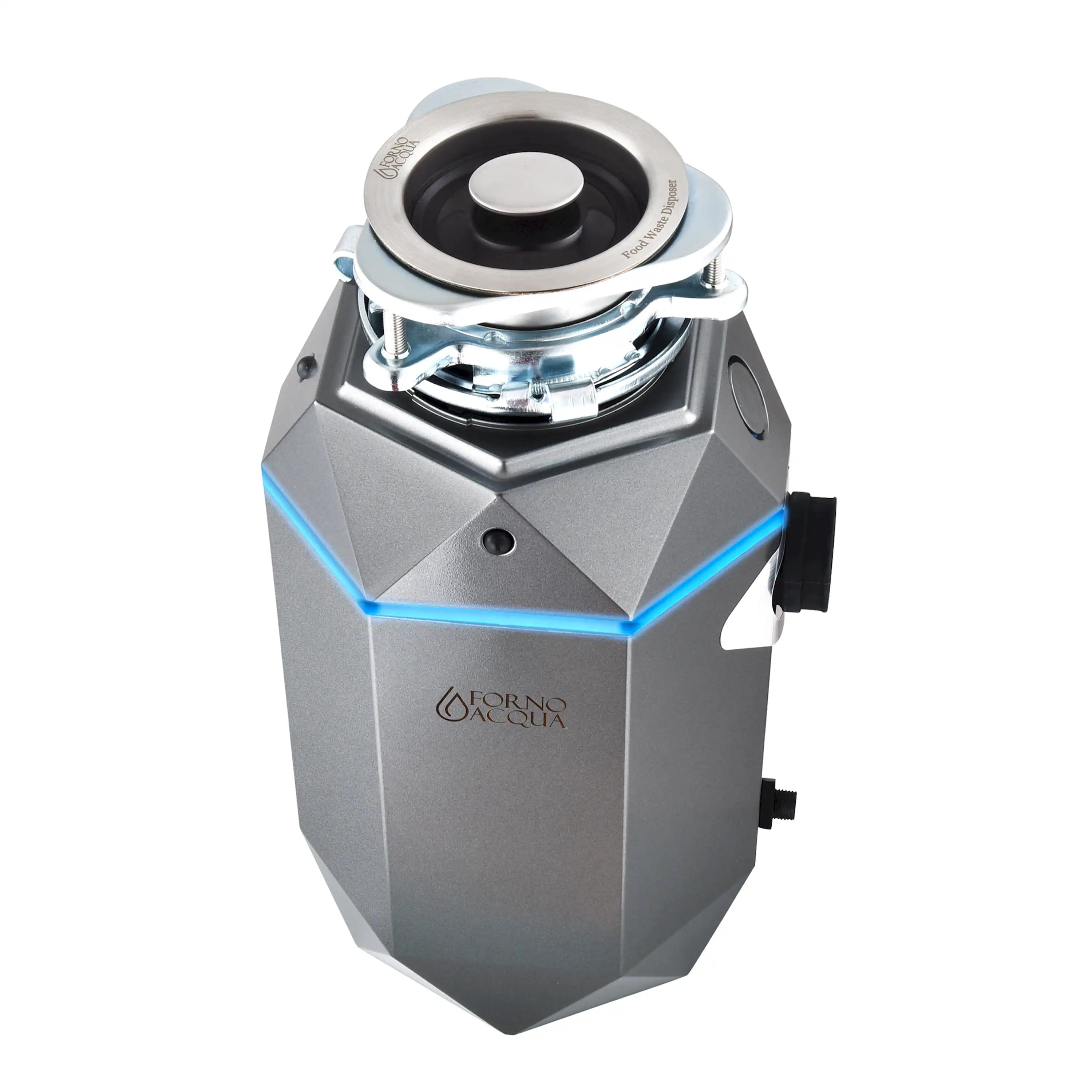 Super-quiet garbage disposal with stainless top and brushed gray housing, side switch