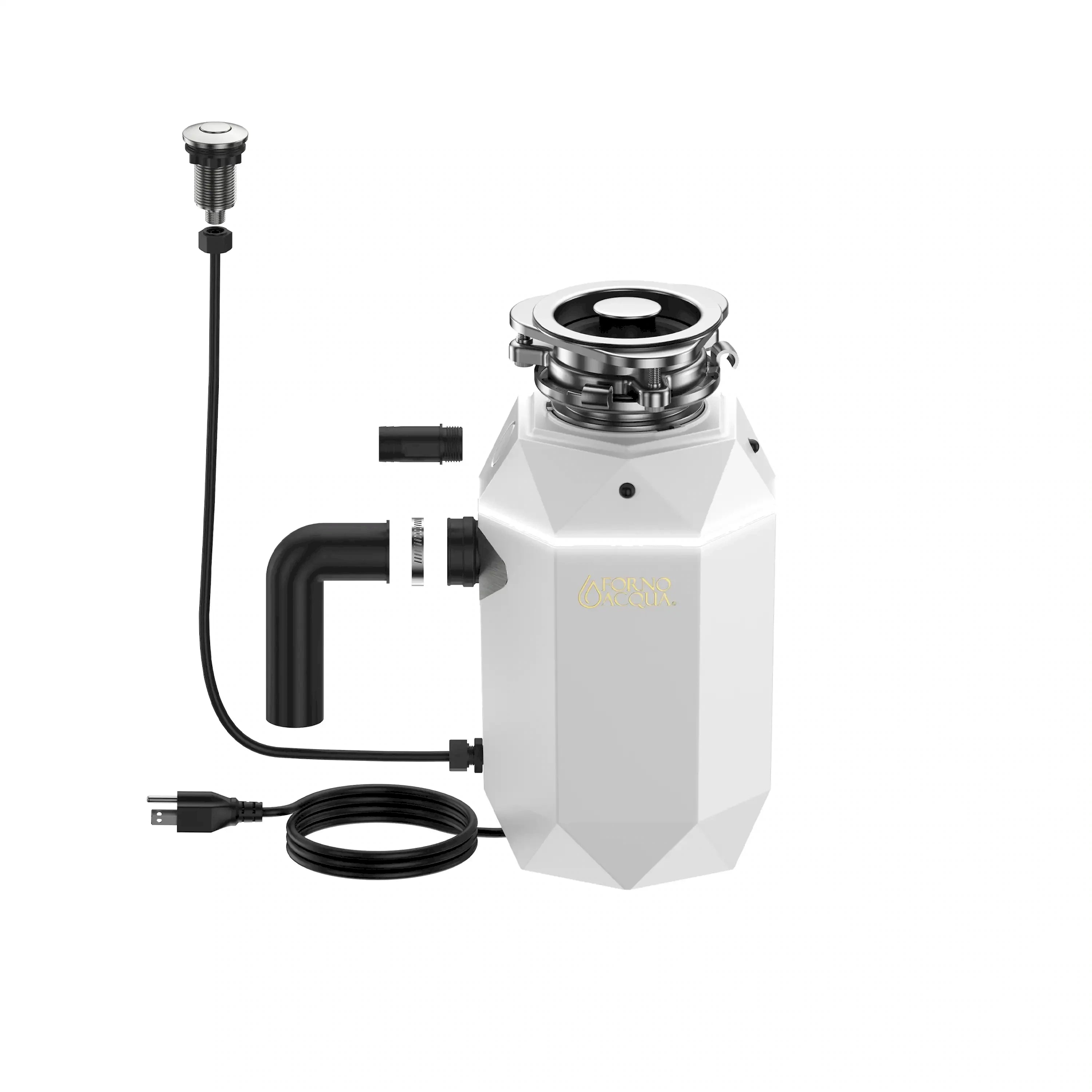 White stainless steel garbage disposal with attached drain kit and power cord