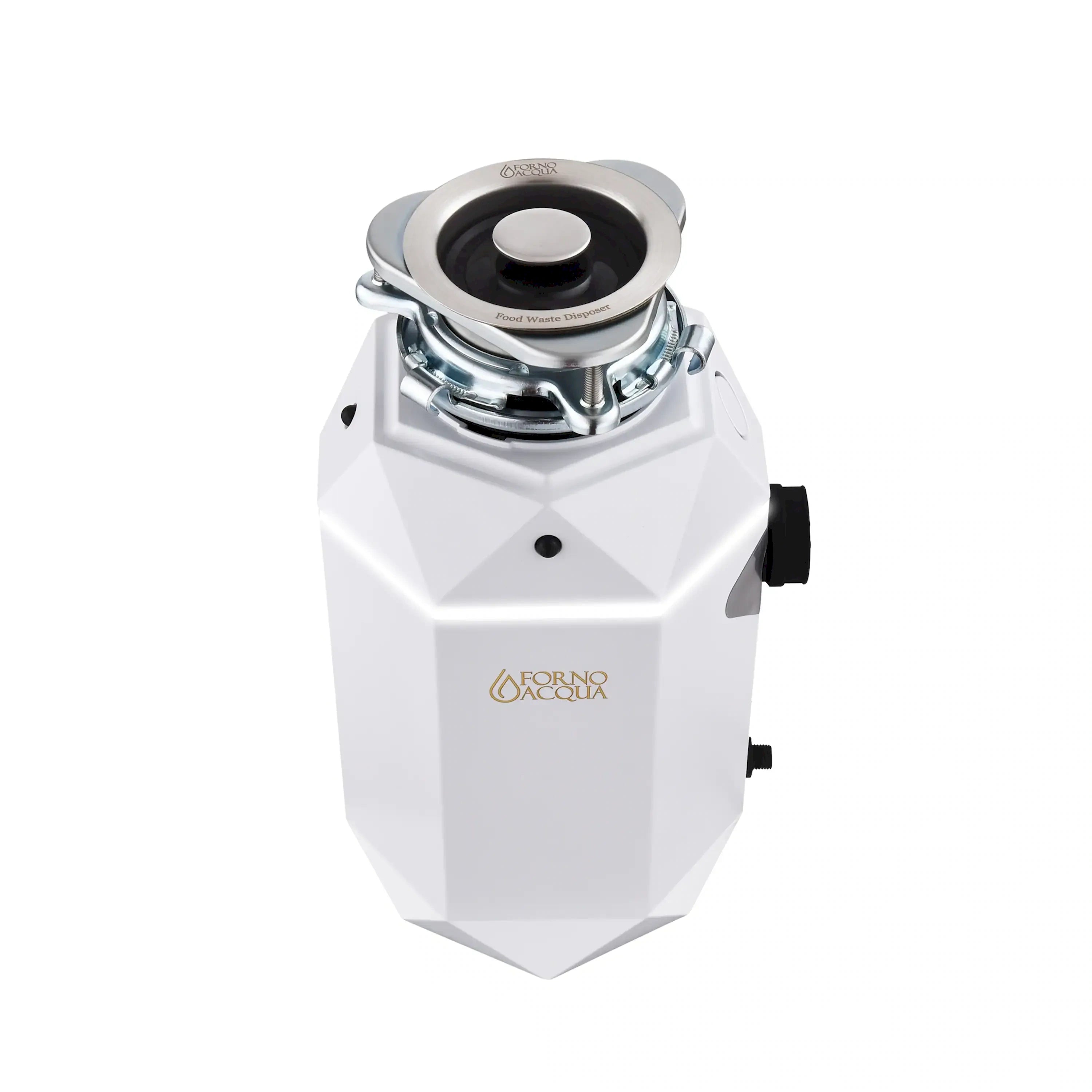 White garbage disposal unit with circular stainless steel grinding chamber cover