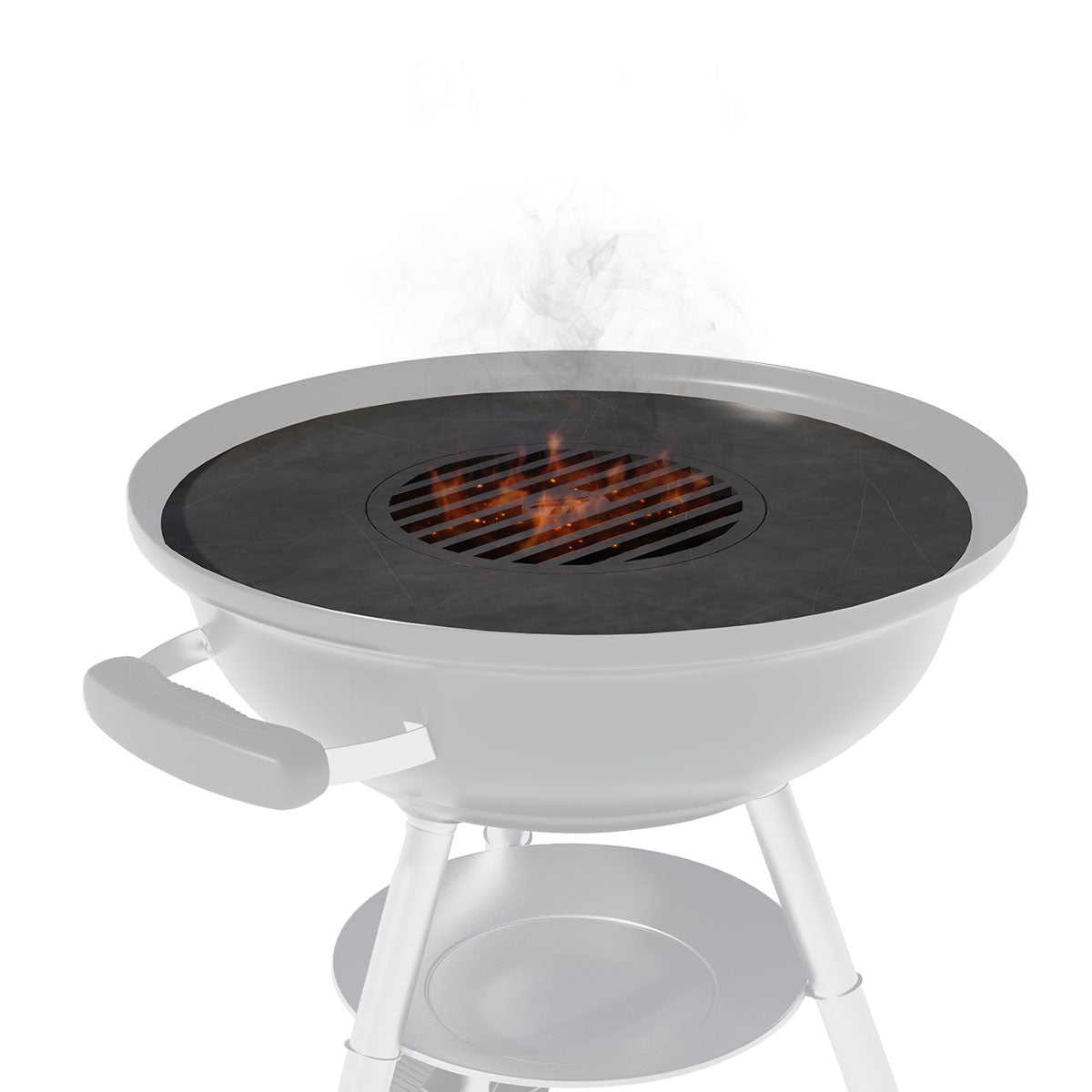 White kettle grill with glowing center fire on round grill grate insert