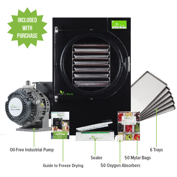 Freeze dryer kit with black unit, oil-free pump, sealer, 6 trays, 50 mylar bags