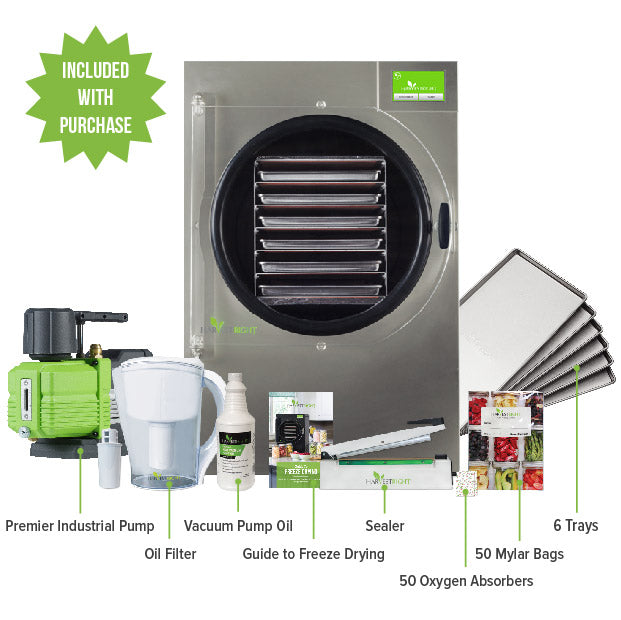 Stainless steel freeze dryer kit with accessories, trays, bags, and vacuum components.