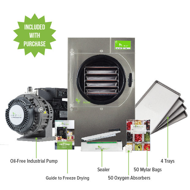 Freeze dryer starter kit: oil-free pump, four trays, sealer, and mylar bags