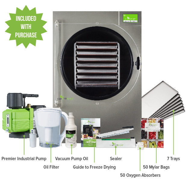 Harvest Right freeze dryer kit accessories diagram: Premier Industrial Pump, sealer, 7 trays