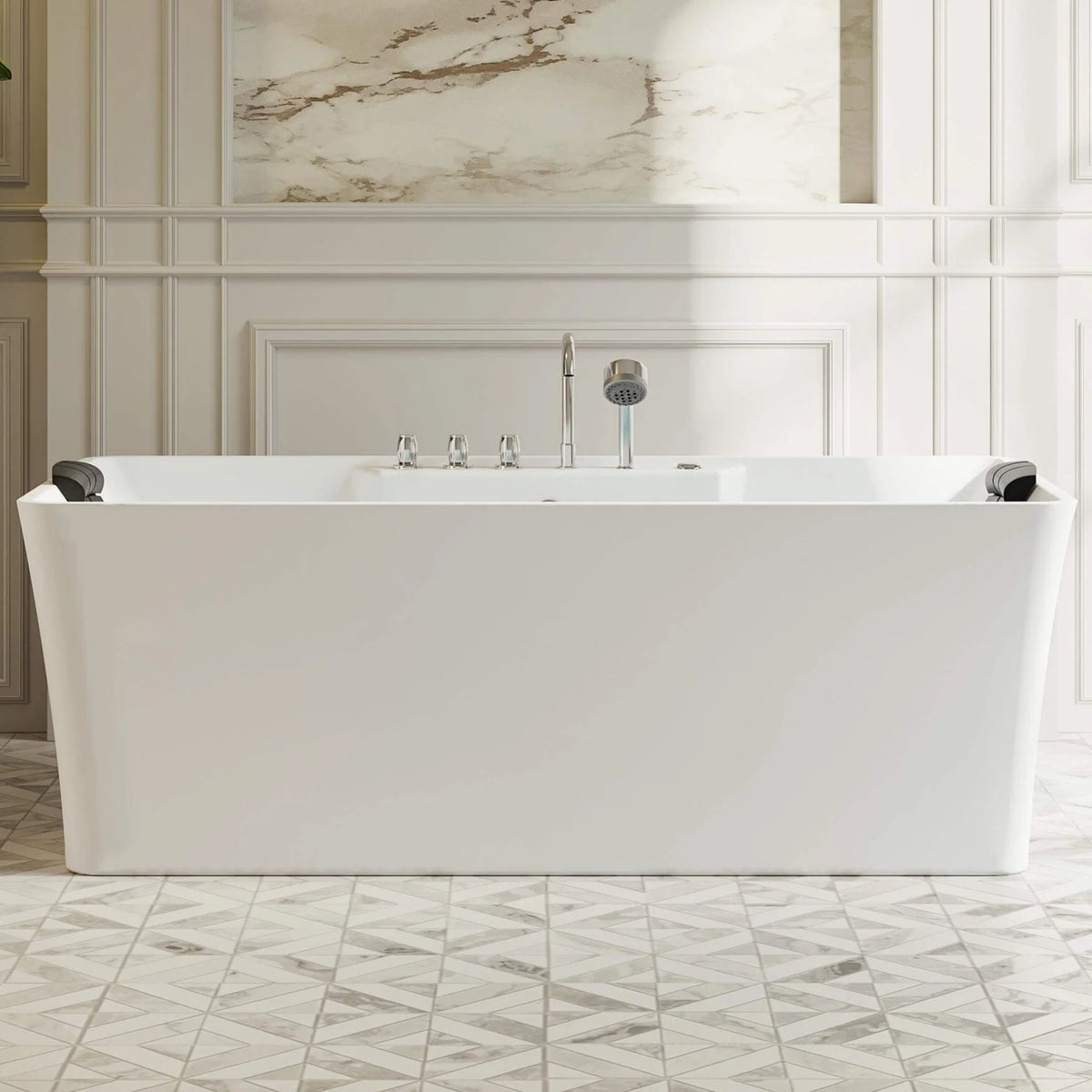 Empava white freestanding acrylic whirlpool bathtub with chrome faucet and hand shower