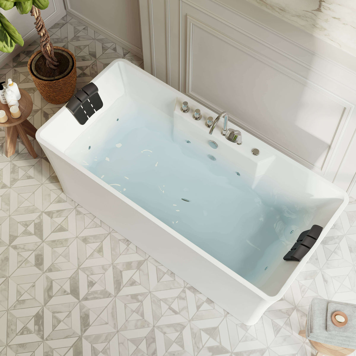 Empava white freestanding acrylic whirlpool bathtub with jets and black air controls