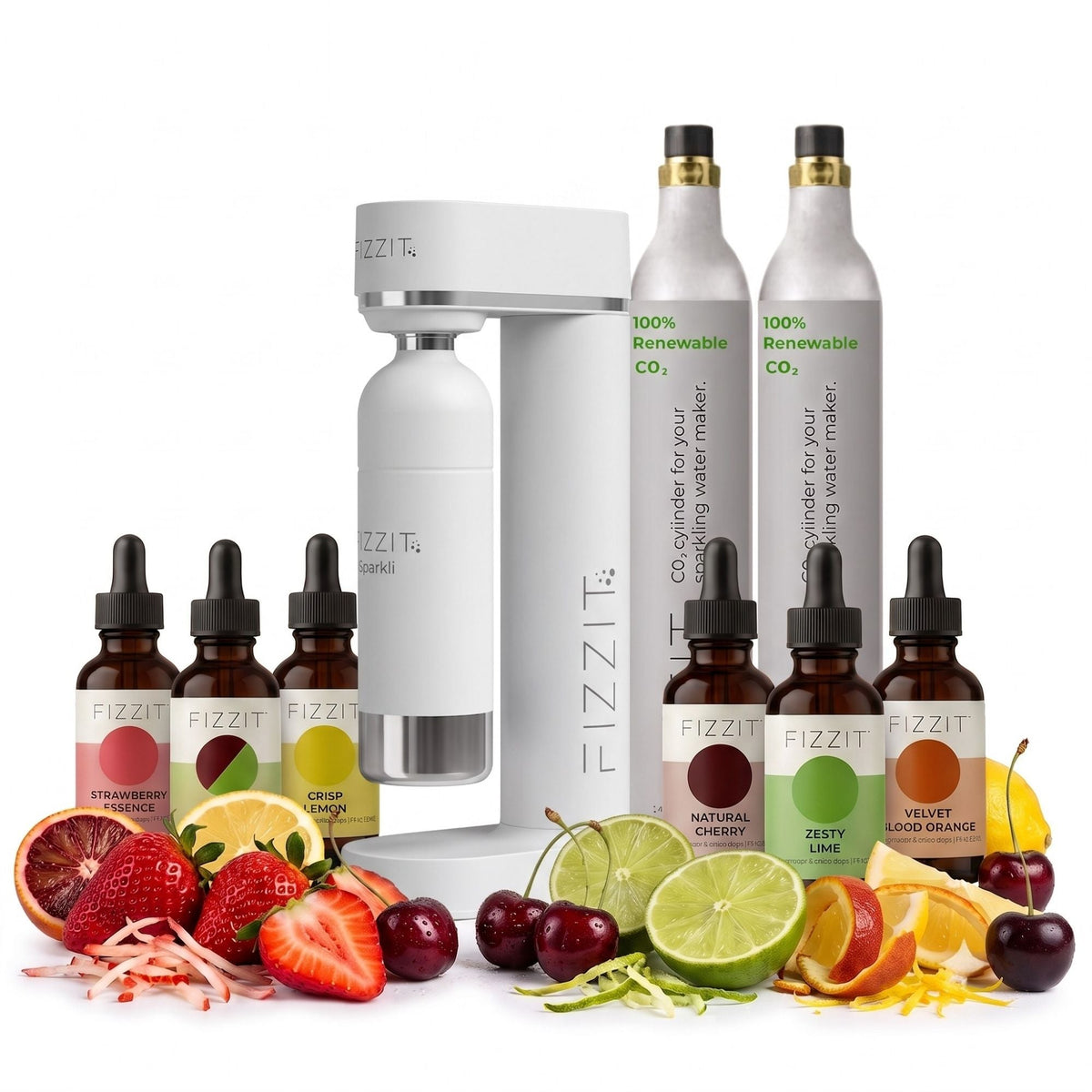 Fizzit APEX FIZZ Sparkling Water Maker Bundle with Stainless Steel Bottle, Two 60L CO2 Cylinders and 6 Flavor Drops
