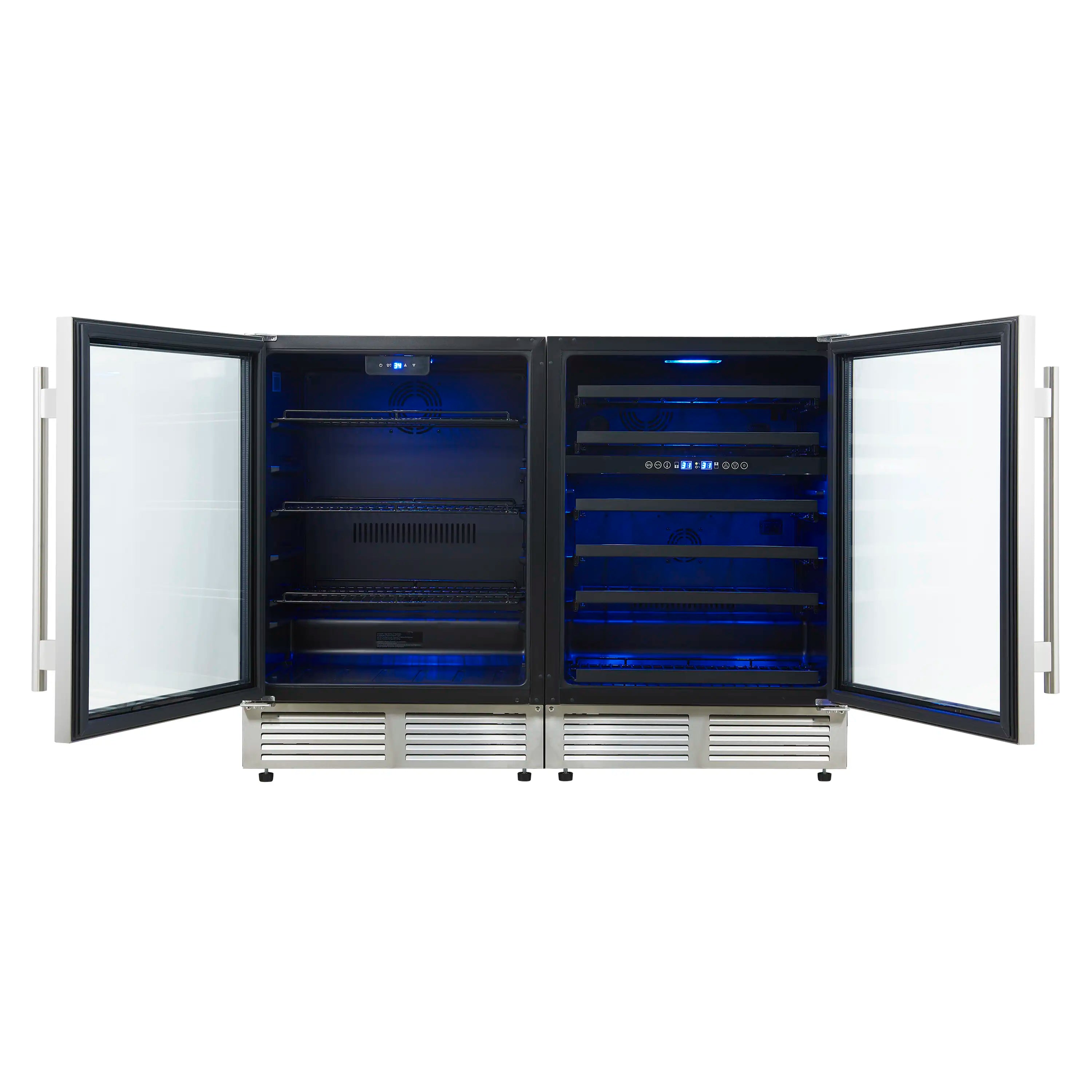 Open-door stainless steel wine cooler showing interior shelves and blue lighting