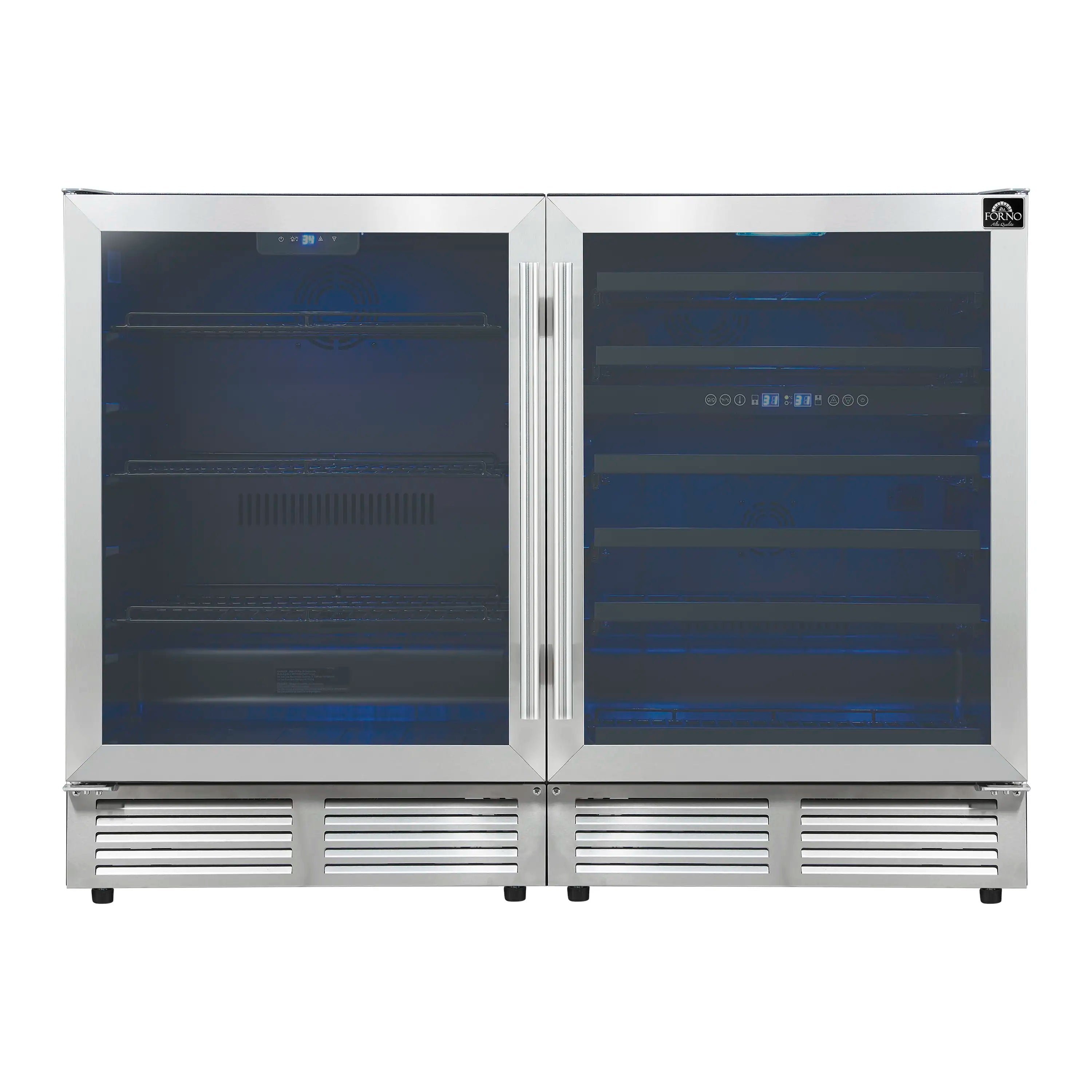 Stainless steel wine cooler with glass doors closed and blue-lit interior
