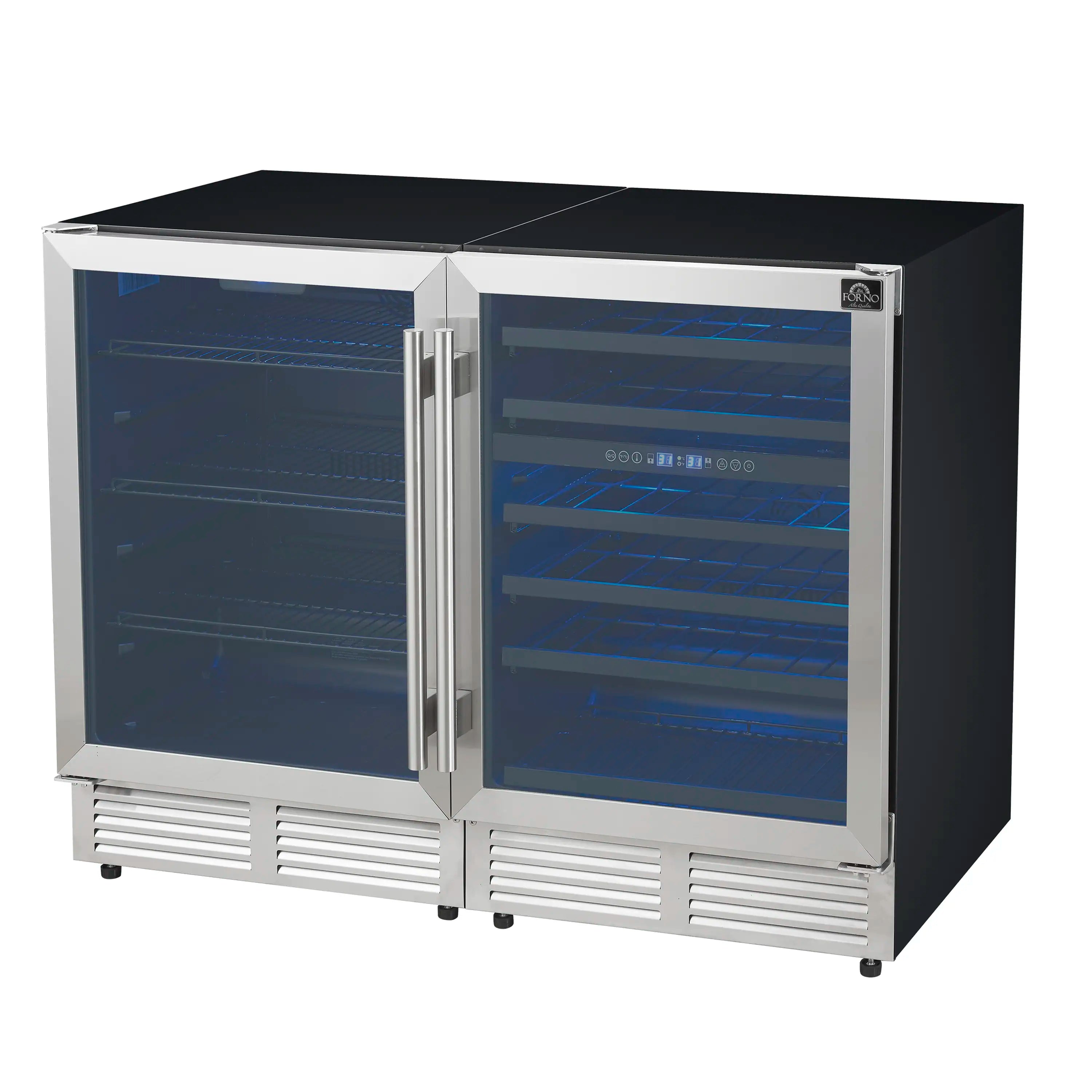 Stainless steel side-by-side wine and beverage cooler with glass doors