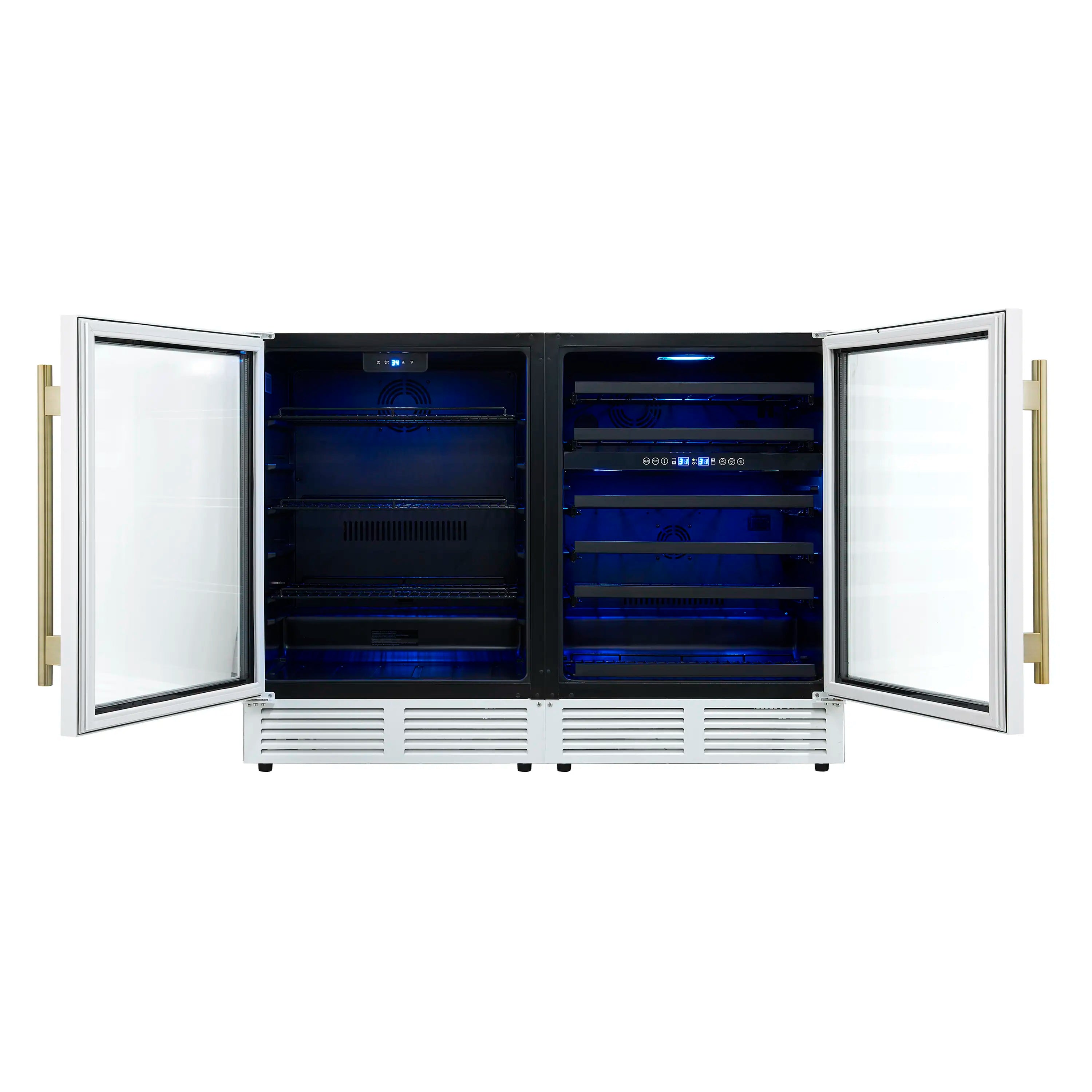 Open side-by-side wine and beverage cooler with blue-lit storage racks