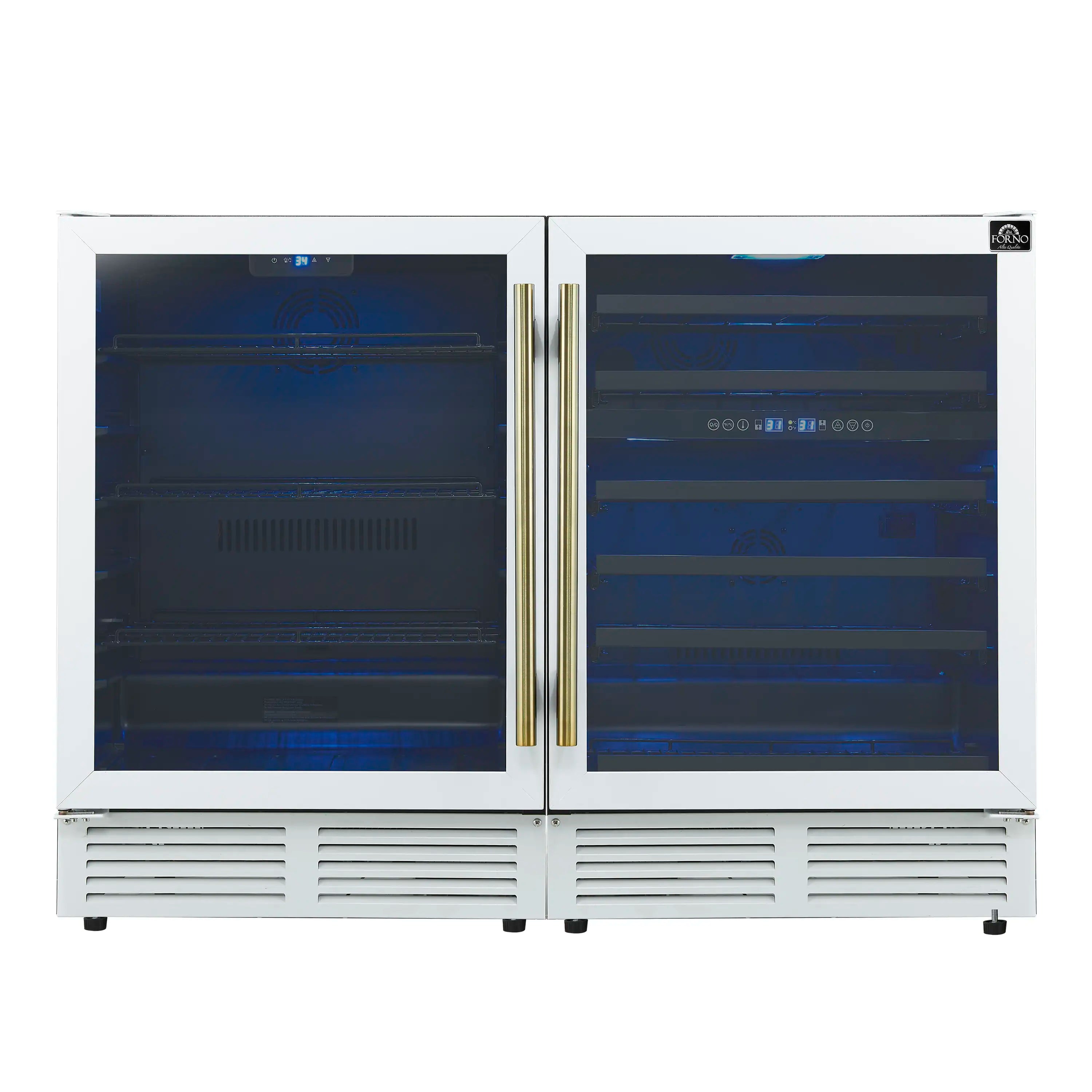 Side-by-side wine and beverage cooler with brass handles and glass doors