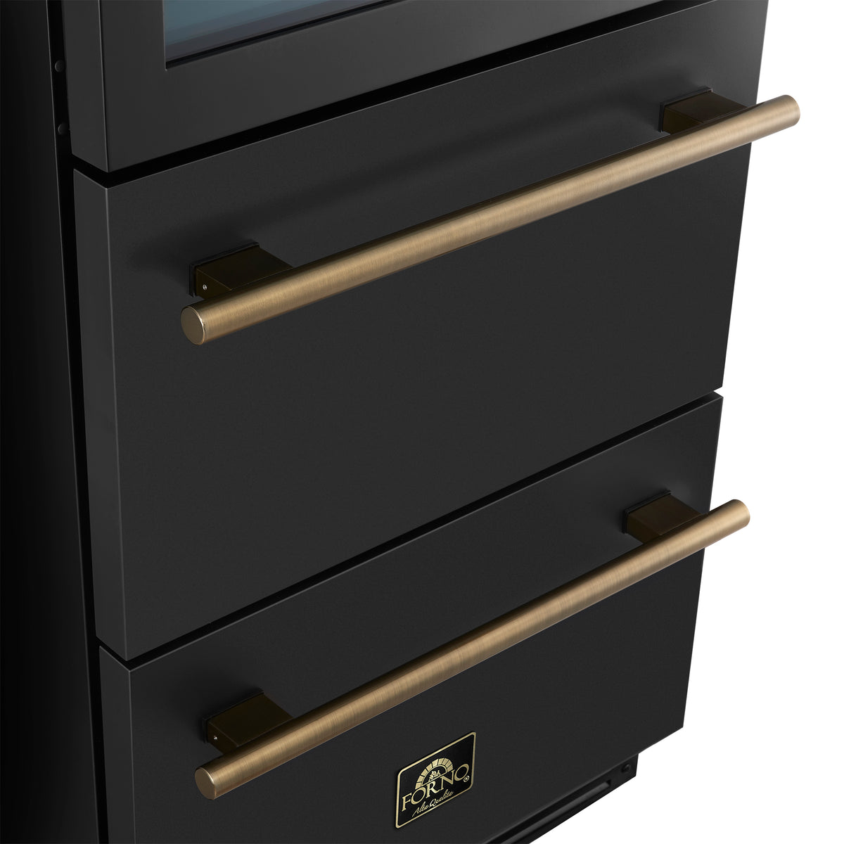 Forno Azienda 24-Inch Built-In Compressor Wine Cooler - Dual Zone - 108 Bottles in Black with Antique Brass Trim