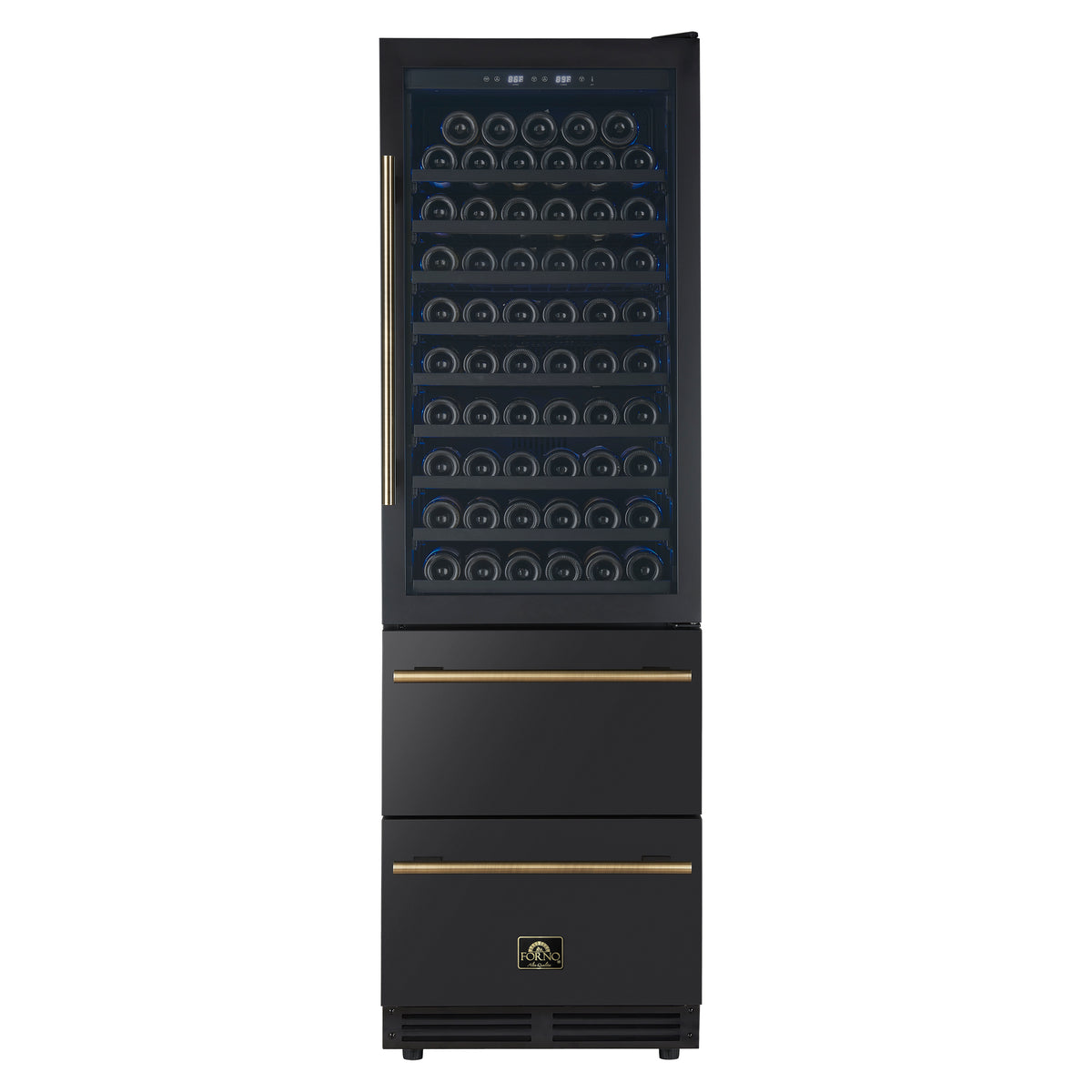 Forno Azienda 24-Inch Built-In Compressor Wine Cooler - Dual Zone - 108 Bottles in Black with Antique Brass Trim