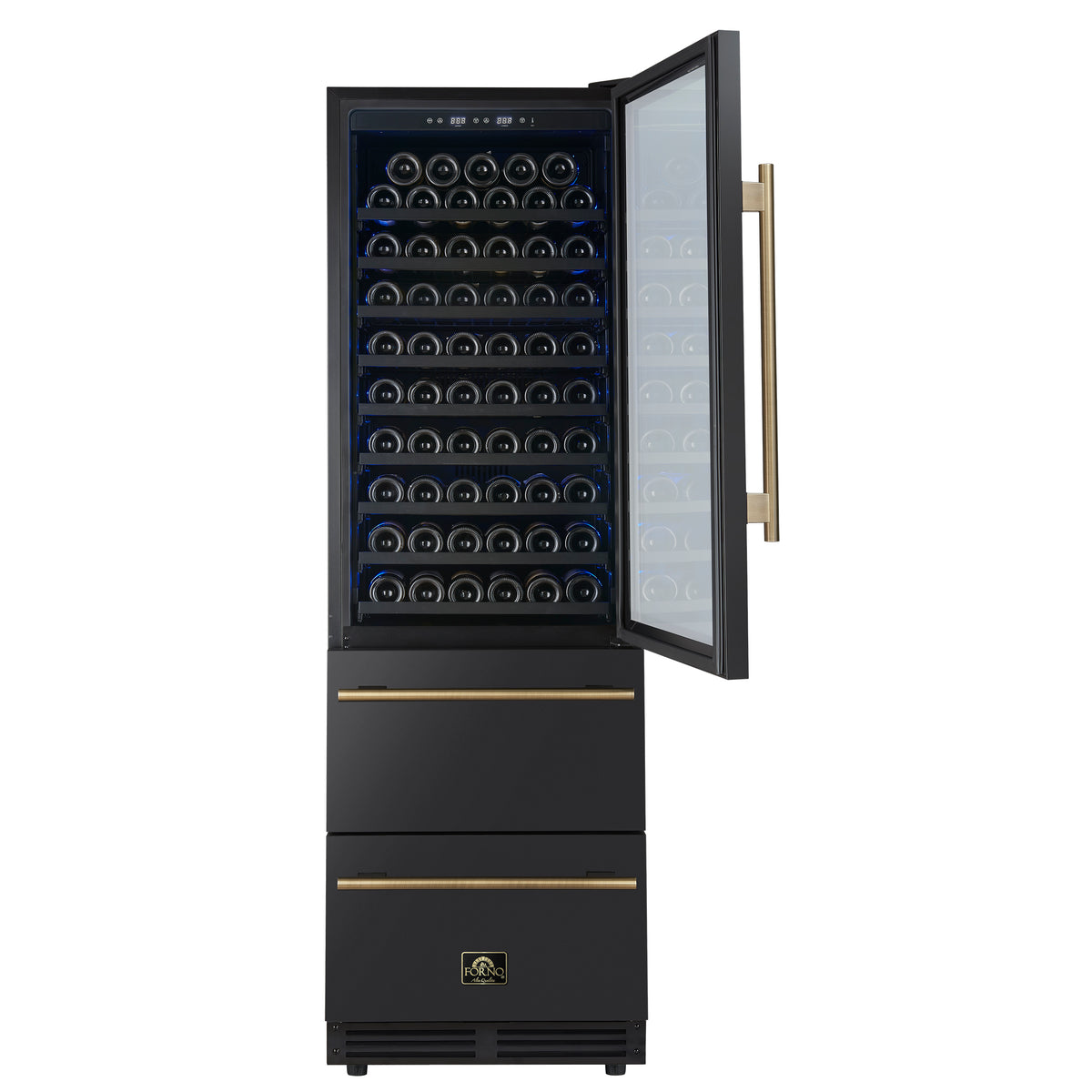 Forno Azienda 24-Inch Built-In Compressor Wine Cooler - Dual Zone - 108 Bottles in Black with Antique Brass Trim