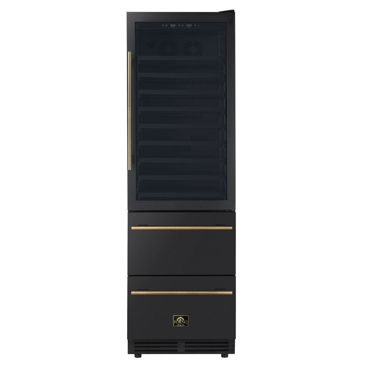 Forno Azienda 24-Inch Built-In Compressor Wine Cooler - Dual Zone - 108 Bottles in Black with Antique Brass Trim