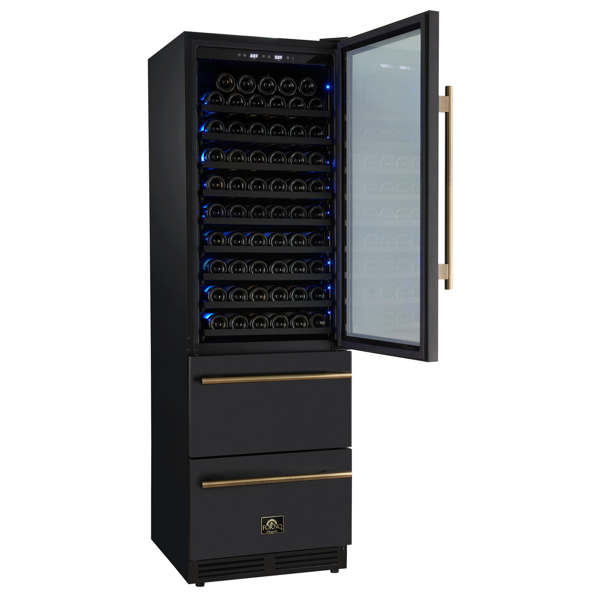 Forno Azienda 24-Inch Built-In Compressor Wine Cooler - Dual Zone - 108 Bottles in Black with Antique Brass Trim