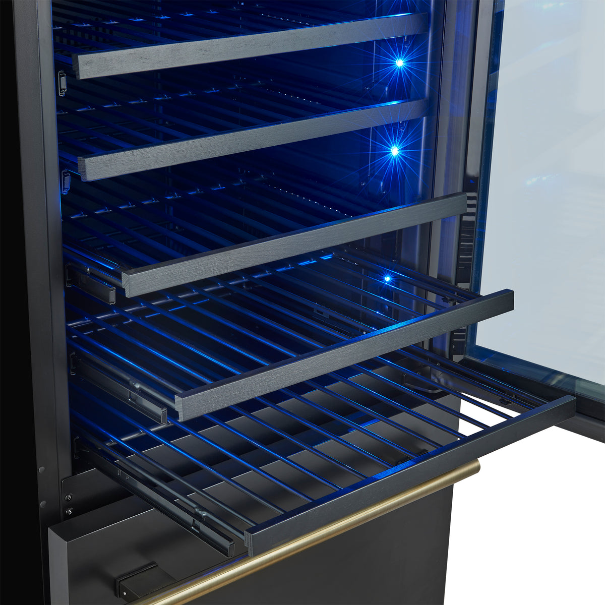 Forno Azienda 24-Inch Built-In Compressor Wine Cooler - Dual Zone - 108 Bottles in Black with Antique Brass Trim