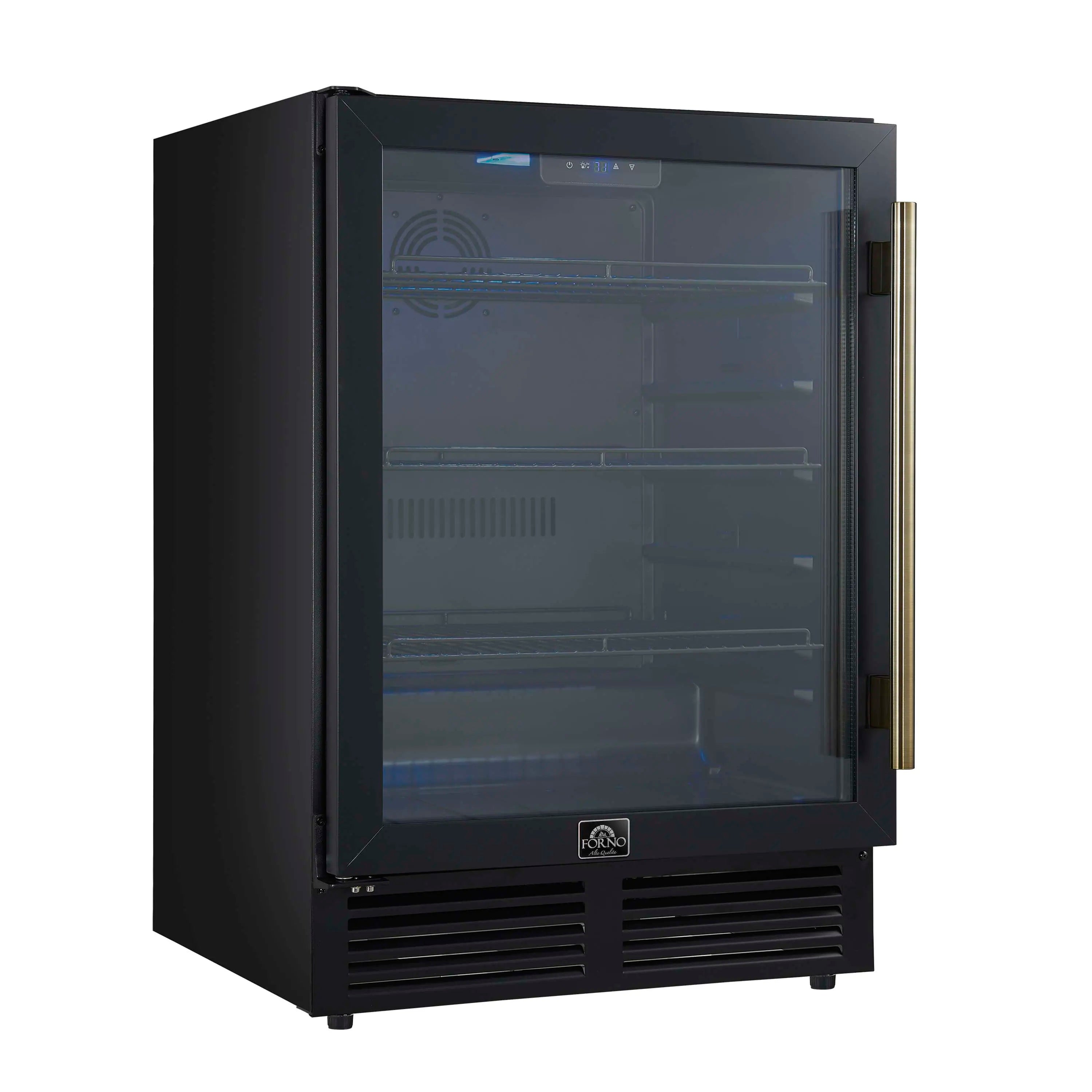 Black beverage cooler with vertical brass handle and blue LED-lit interior