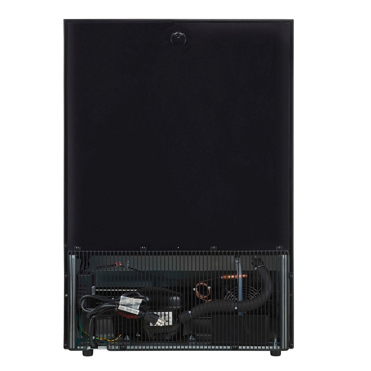 Beverage cooler rear access area with fan and wiring inside