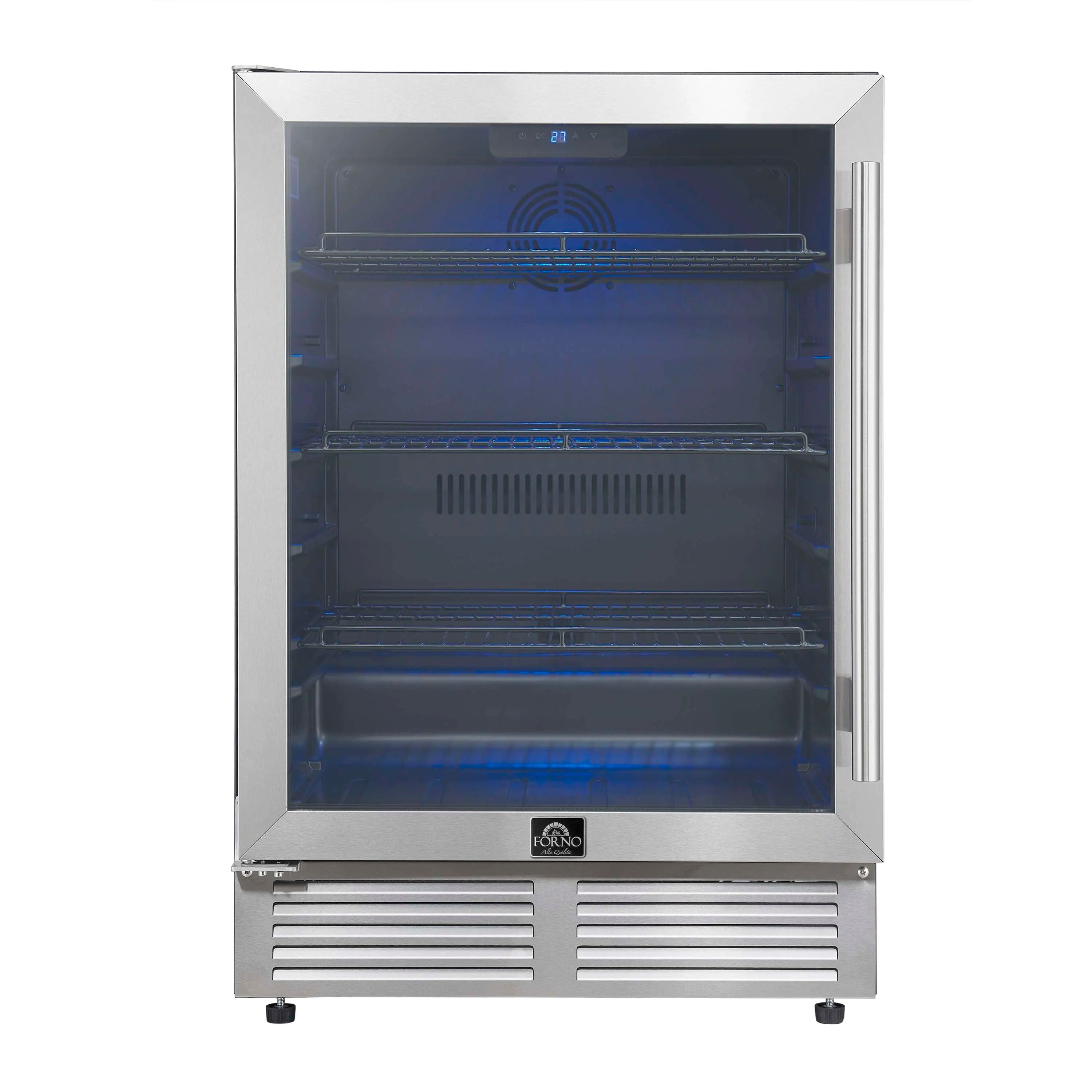 Stainless steel beverage cooler with glass door closed and blue interior lighting