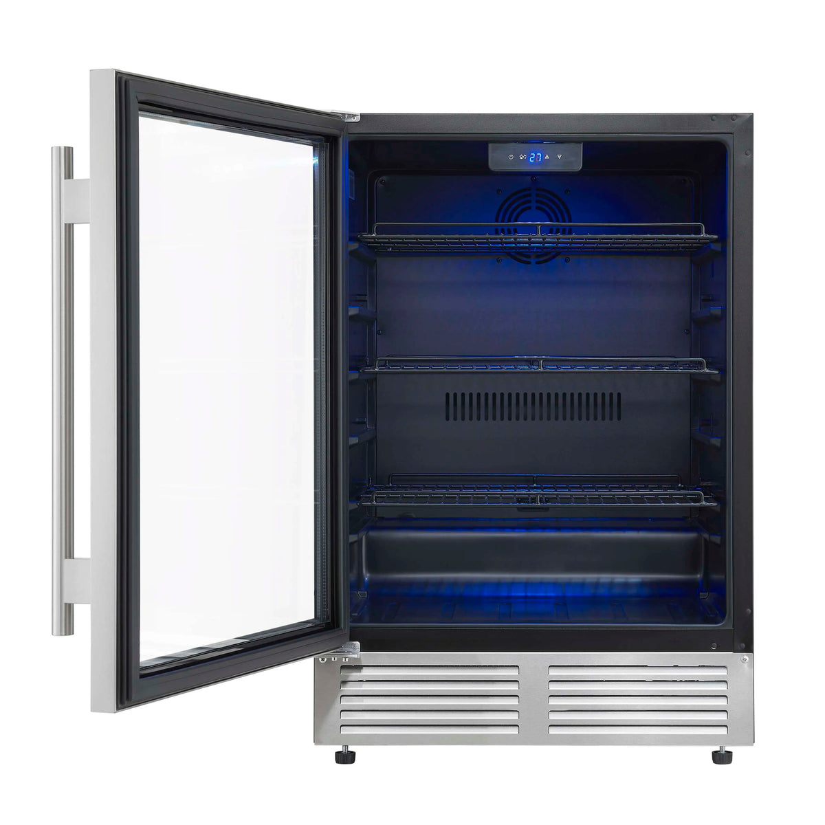 Stainless steel beverage cooler with triple glass door open, interior shelves visible