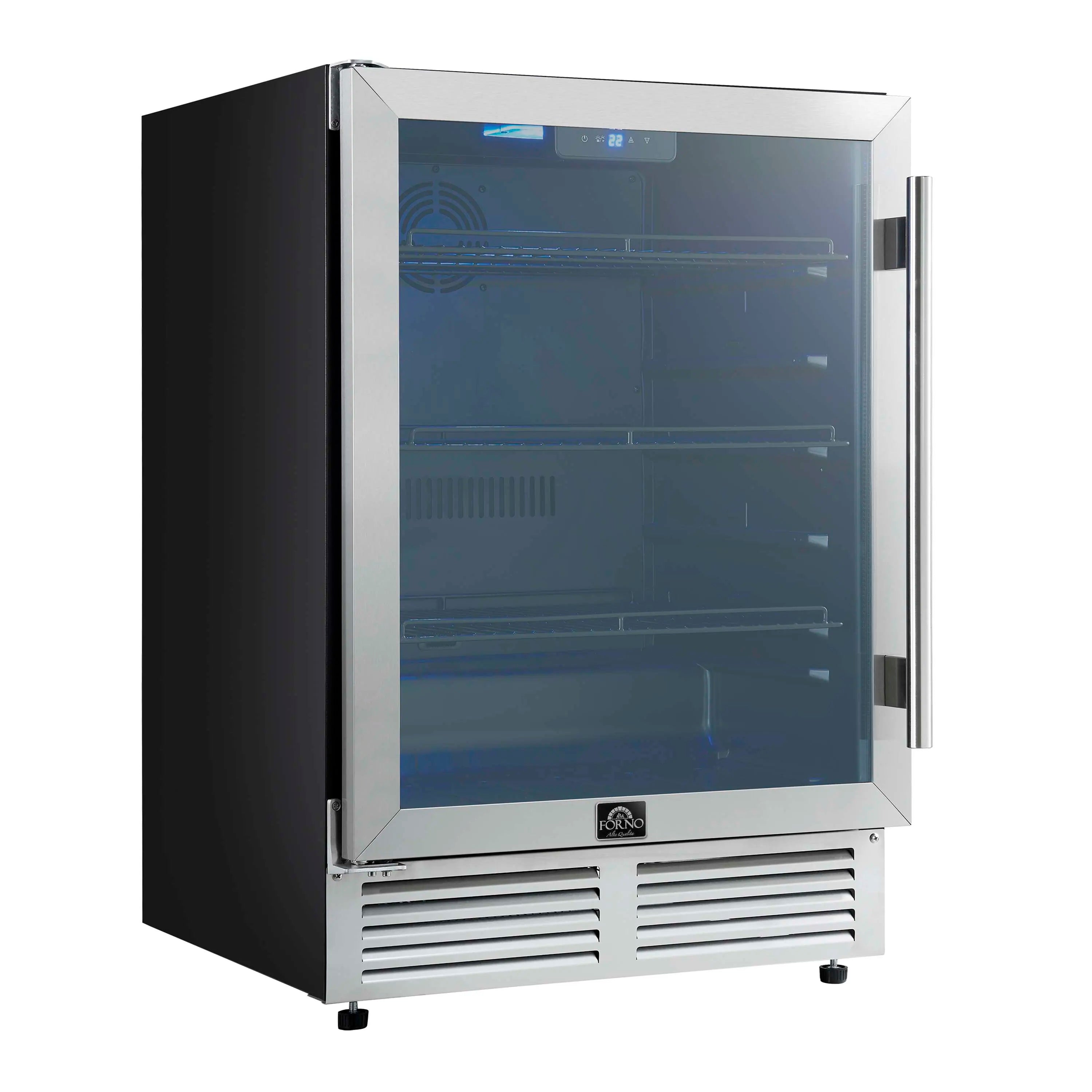Stainless steel beverage cooler with glass door closed, black cabinet sides