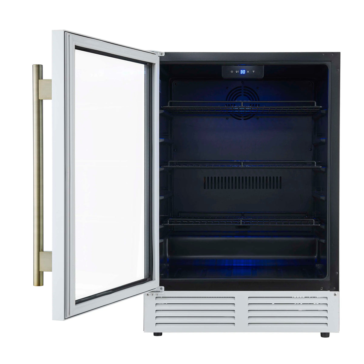 White beverage cooler with open door showing interior shelves and blue LED light