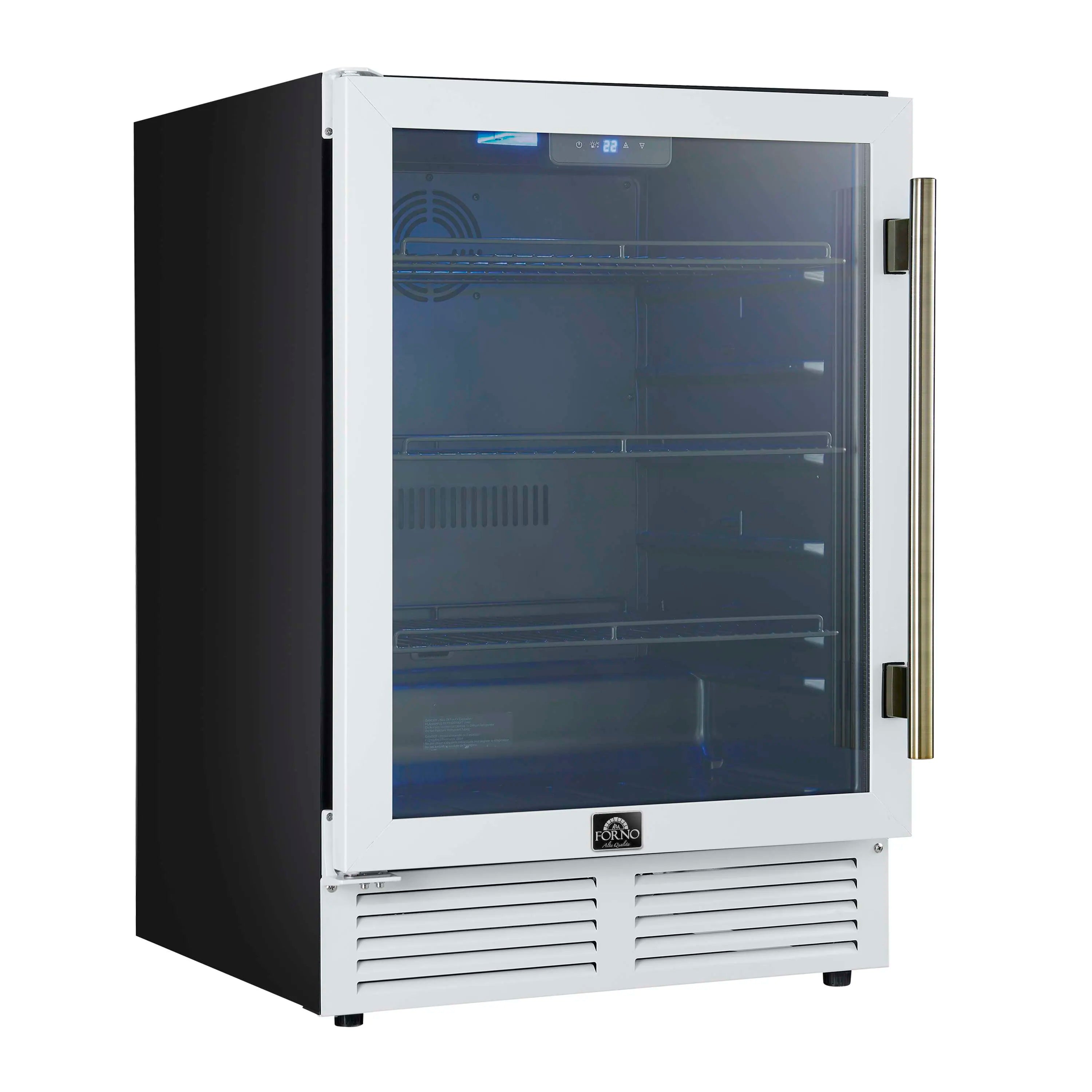 White beverage cooler front with glass door and brass handle