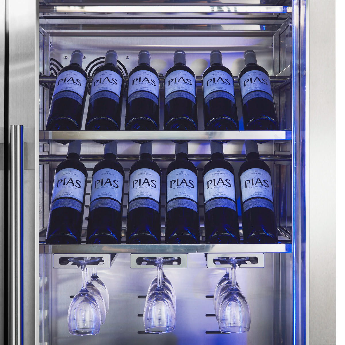 Wine cooler interior with stacked bottles and hanging stemware racks