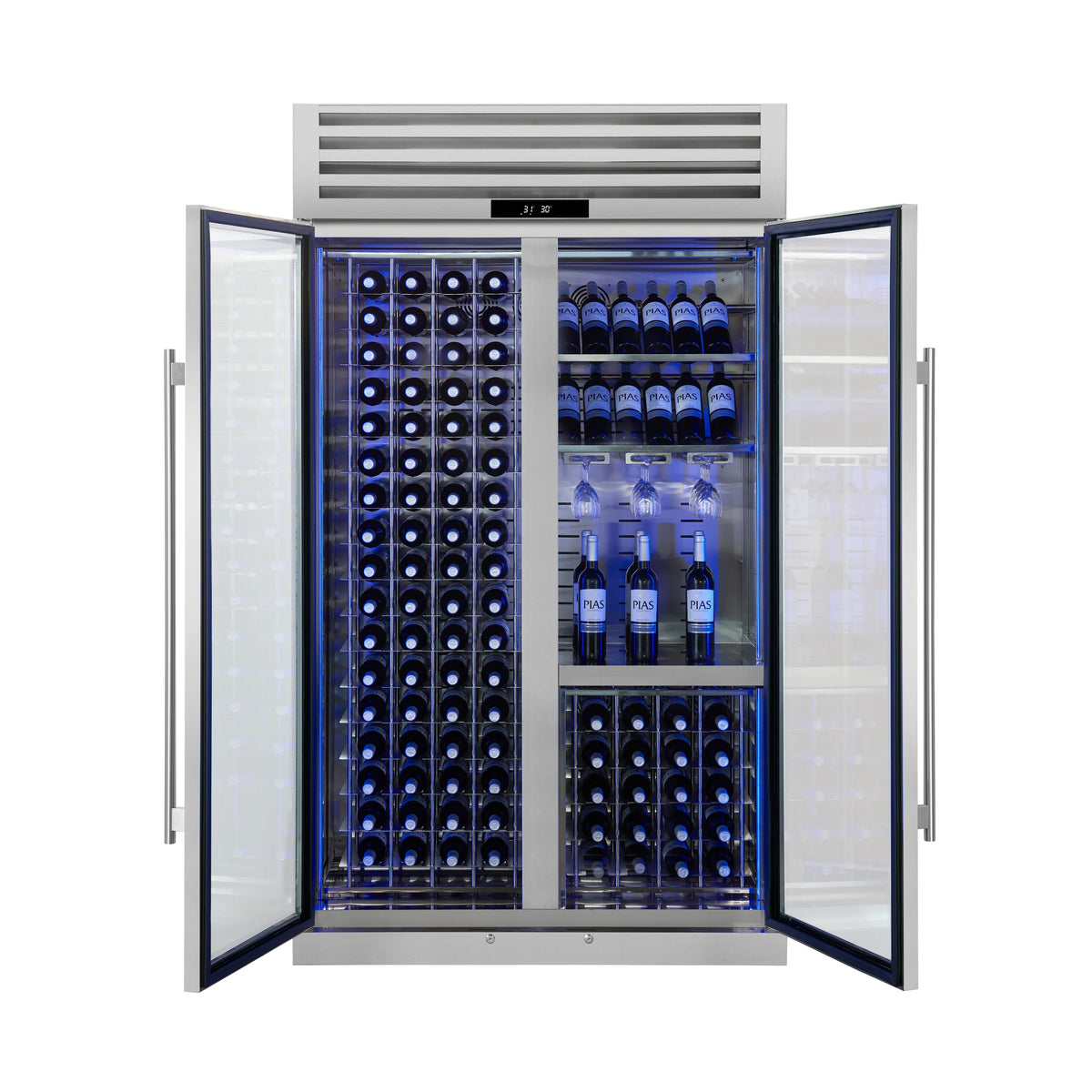 Dual-zone wine cooler with front glass doors open, bottle racks and stemware shelf.