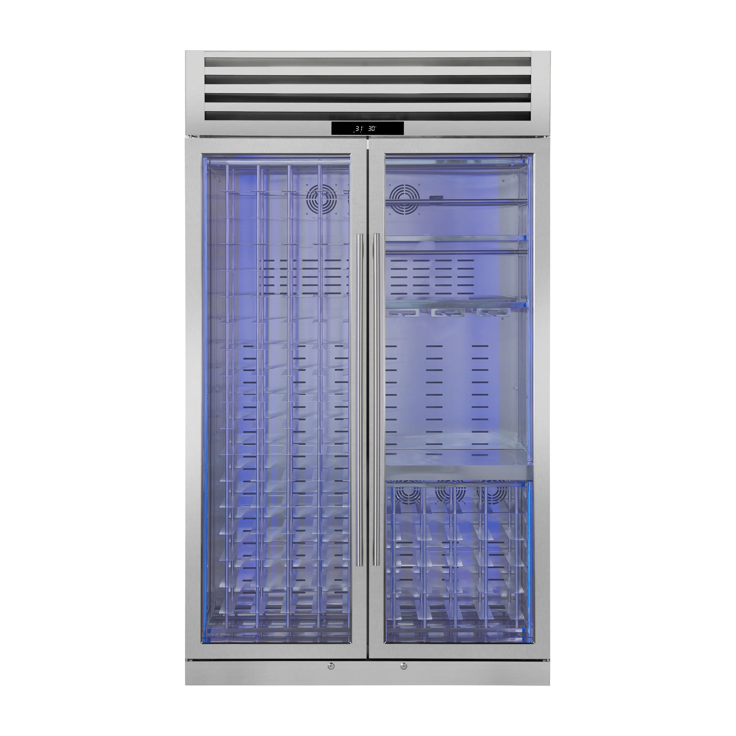 Stainless steel dual-zone wine cooler with blue-lit glass doors closed