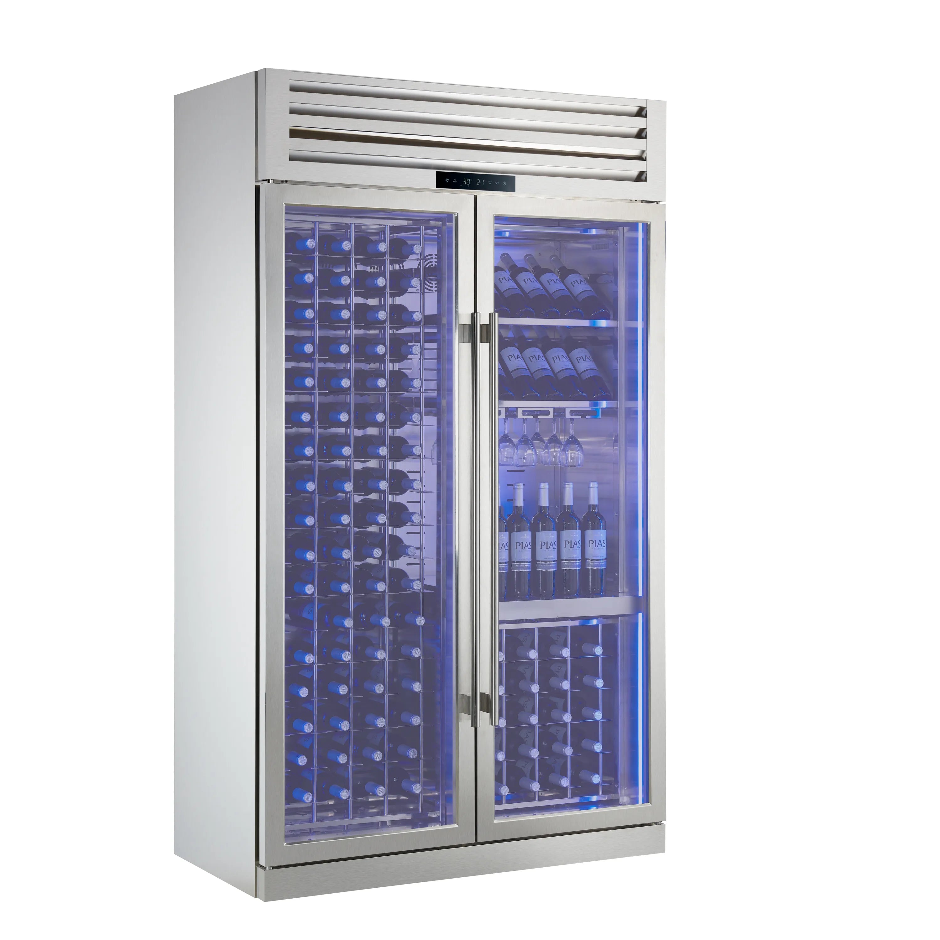 Stainless dual-zone wine cooler with glass doors open, blue-lit bottle and rack storage.