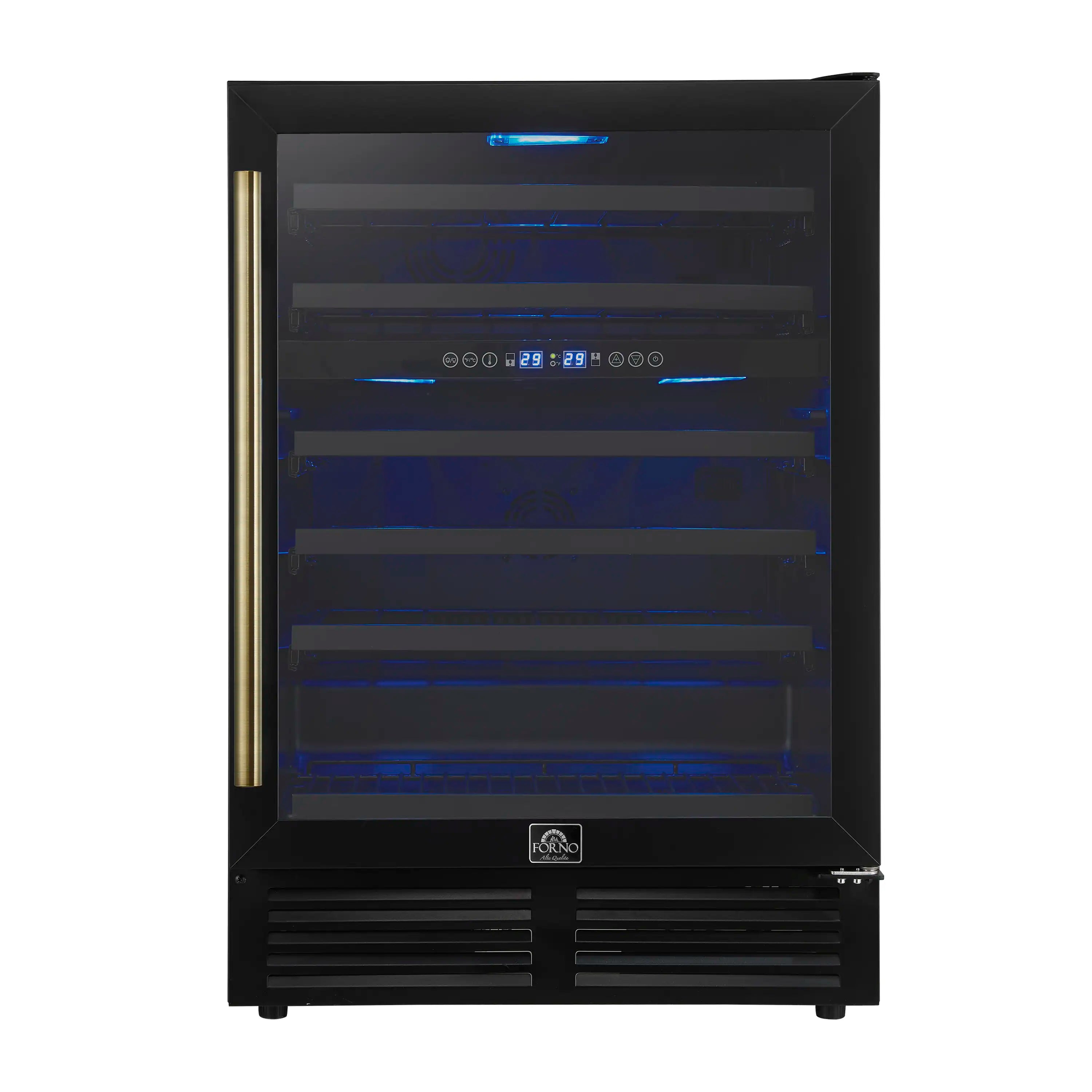 Black 24-inch wine cooler with triple glass door, antique brass handle, blue LED interior.