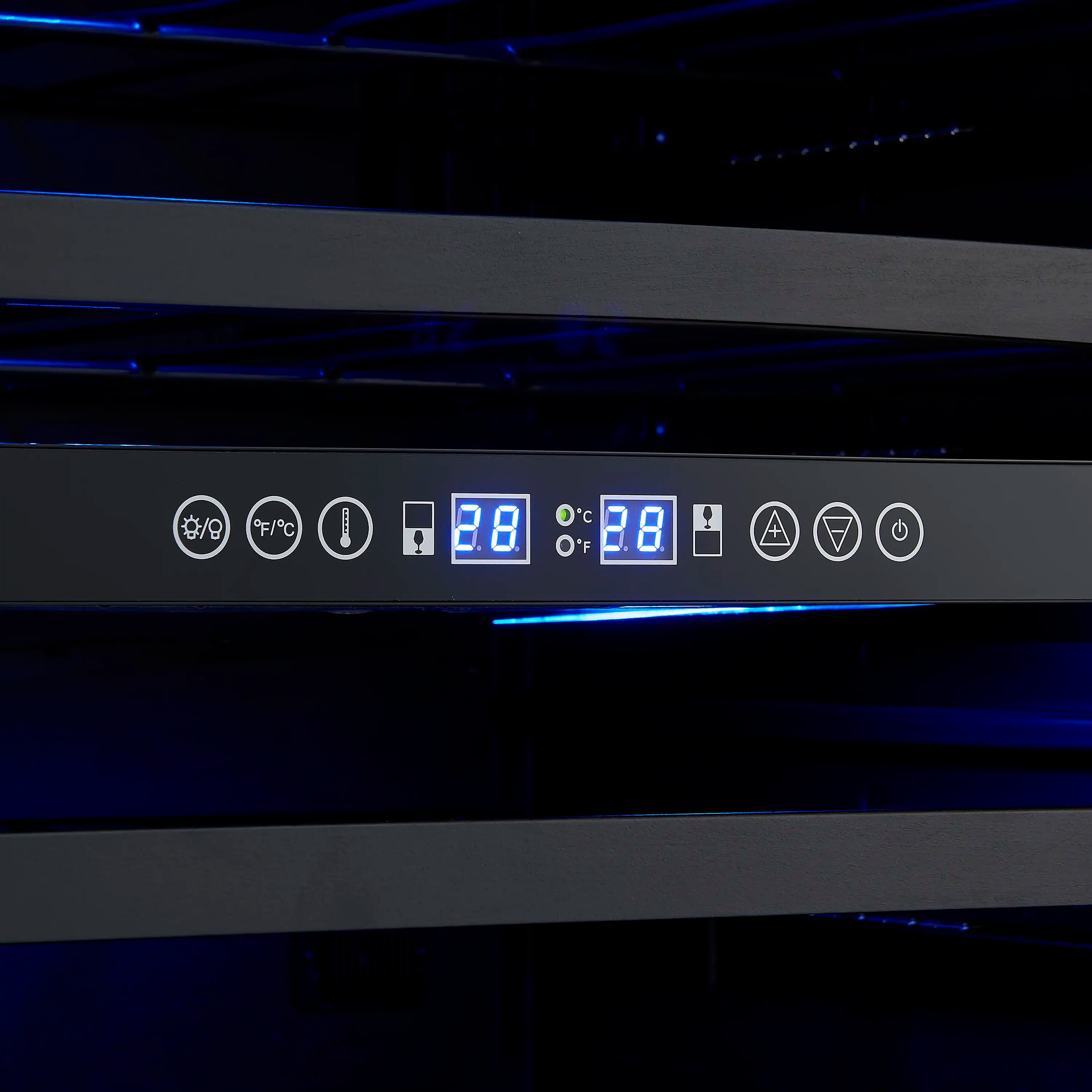 Wine cooler touch control bar with temperature readouts and blue indicator lights