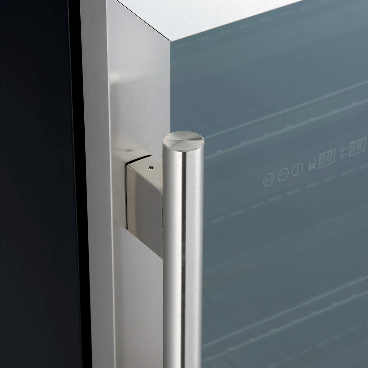 Stainless steel wine cooler with chrome side handle and smooth door edge