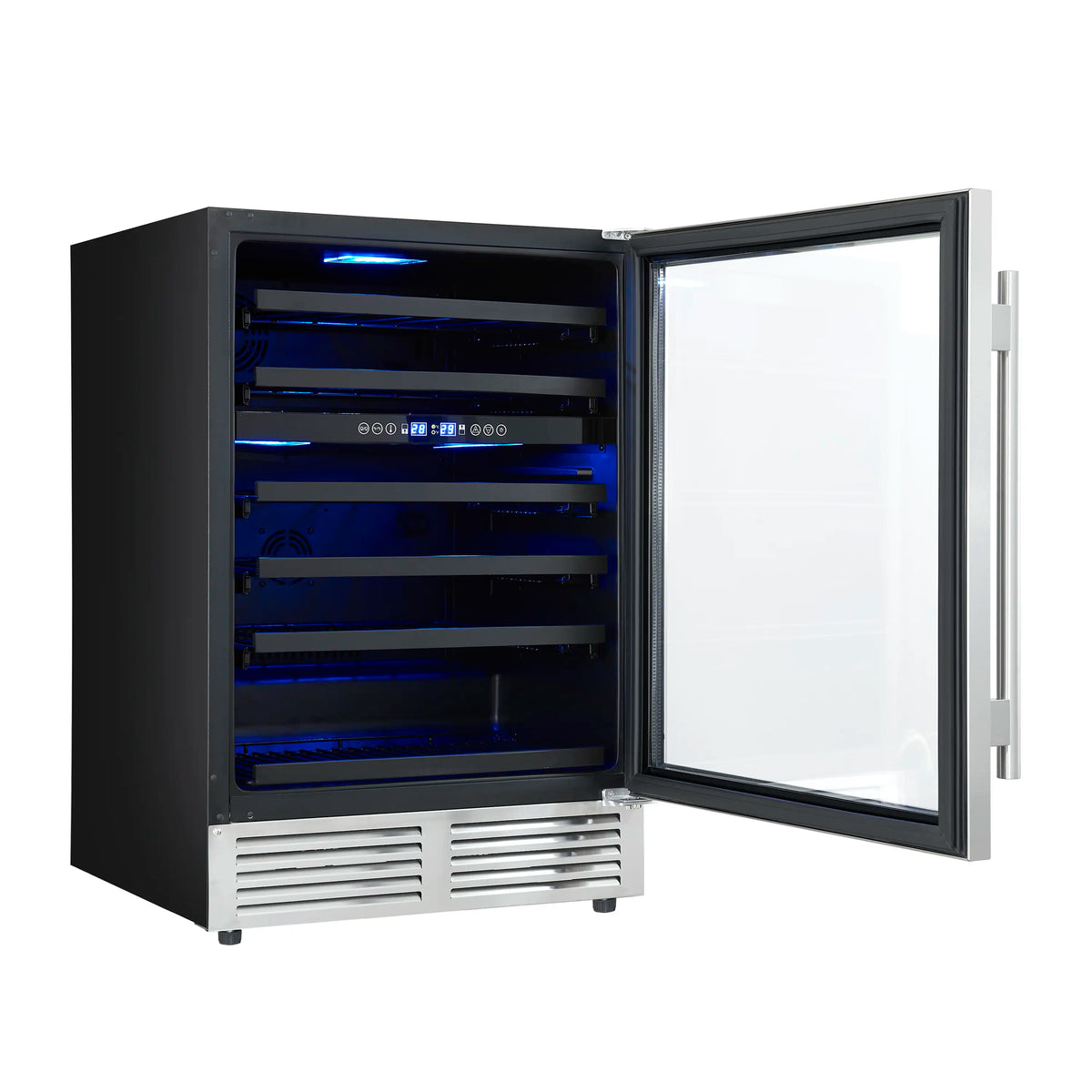 Stainless steel wine cooler with open door showing blue LED-lit shelves