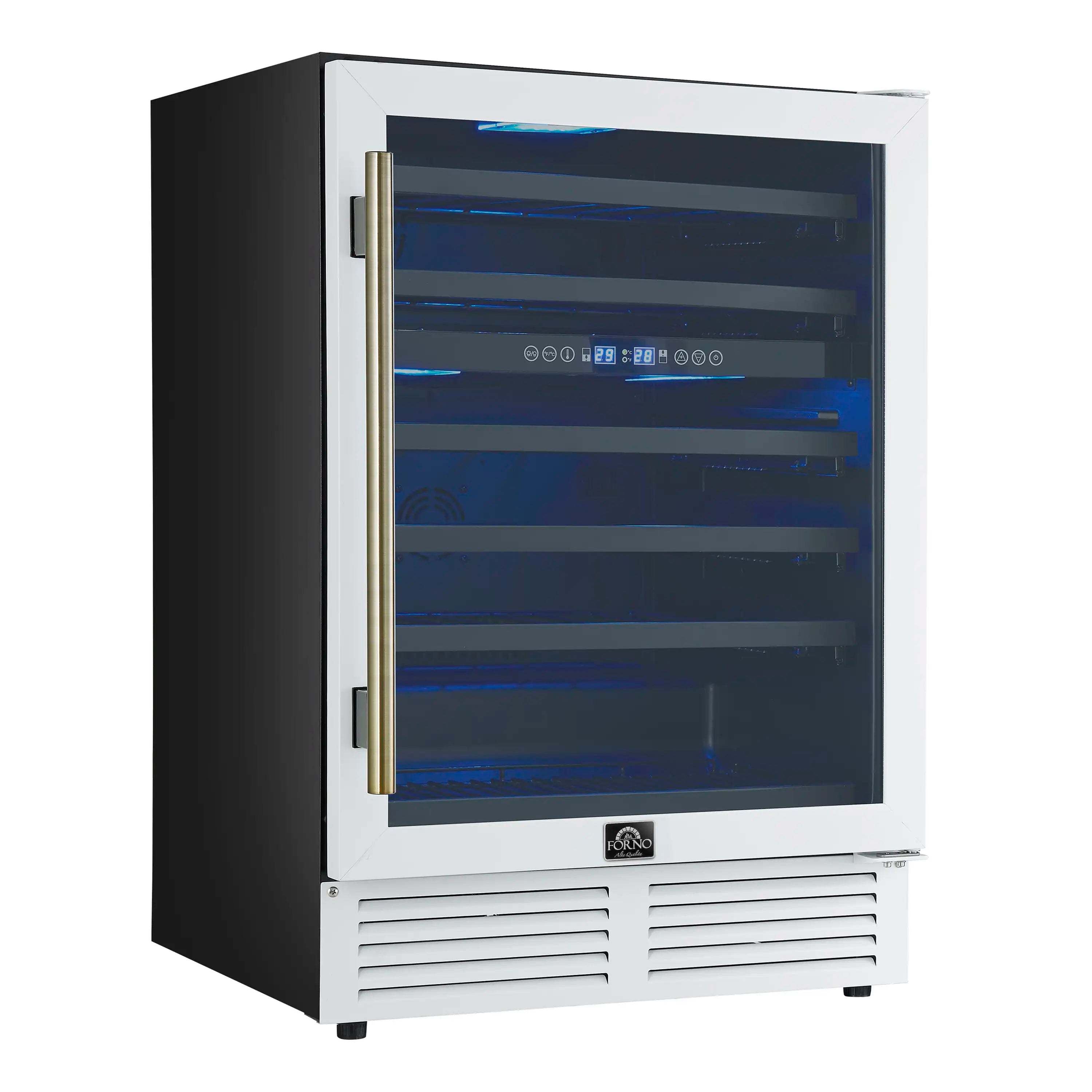 White wine cooler with triple-glass door closed and antique brass handle, blue LED display