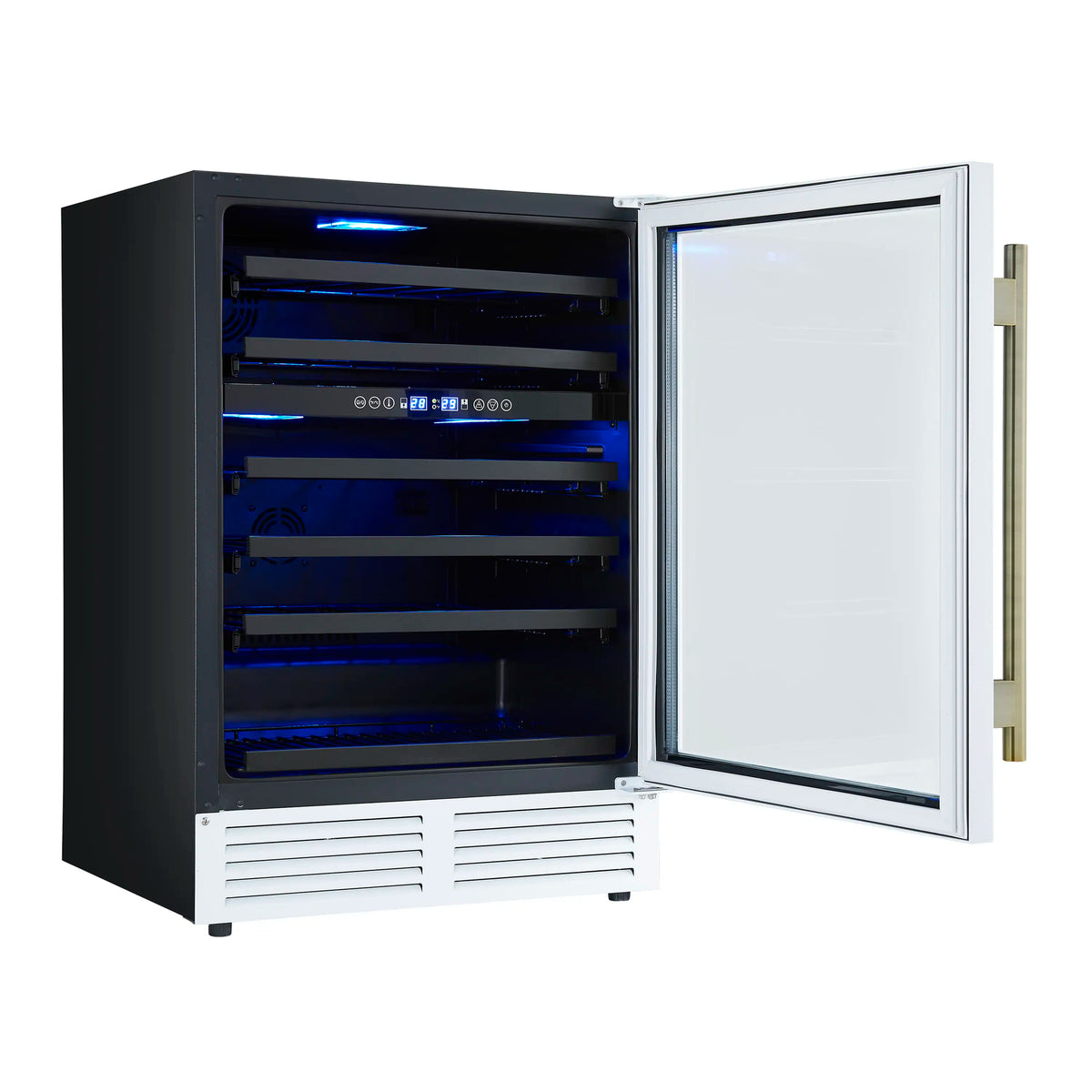 White wine cooler with triple-glass door open and antique brass handle, blue LED interior