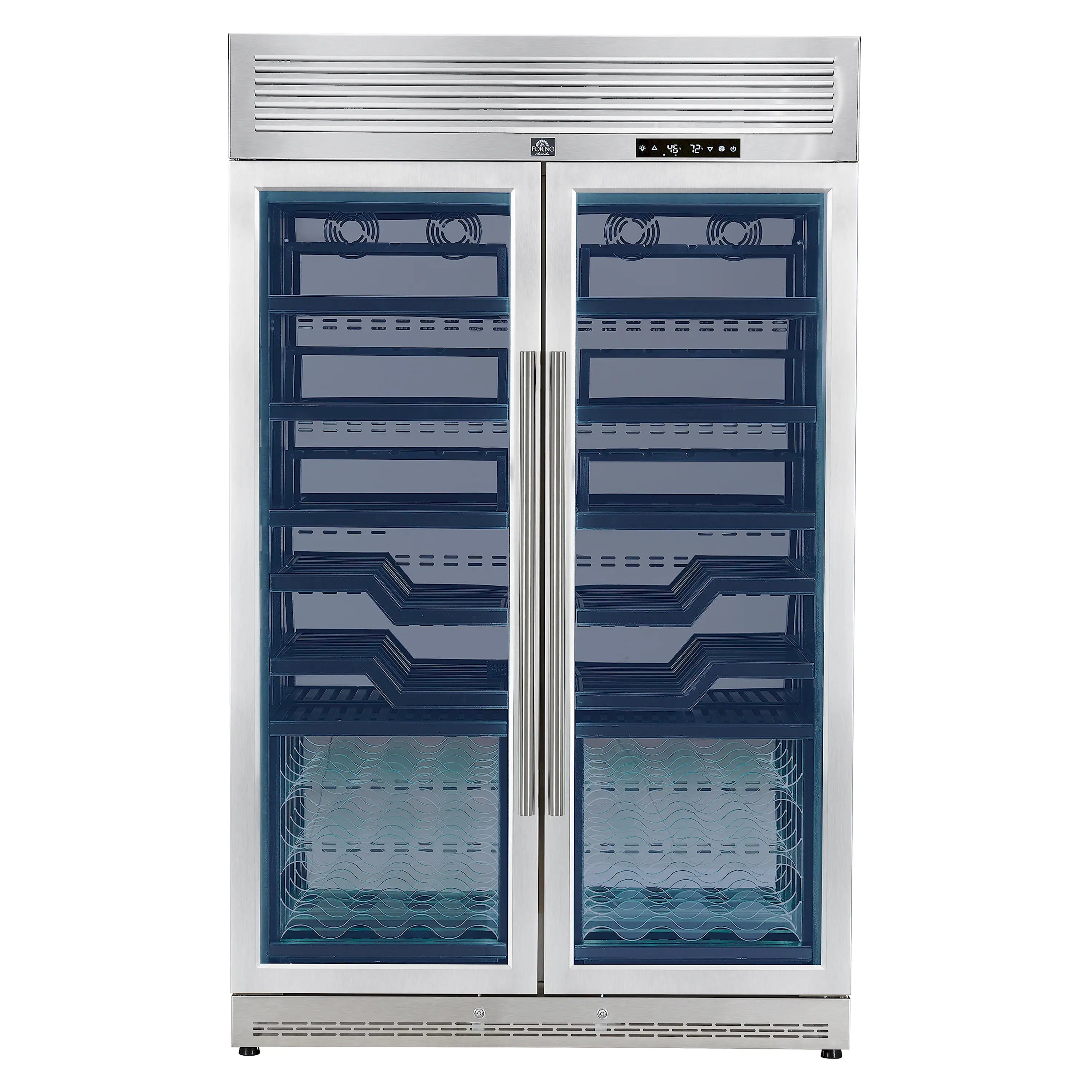 Dual-zone wine cooler with front doors closed and illuminated blue bottle storage