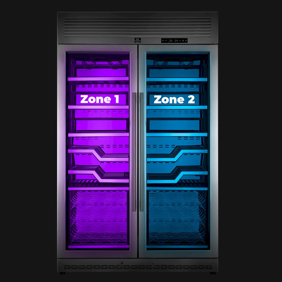 Dual-zone wine cooler with blue and purple interior lighting through two glass doors