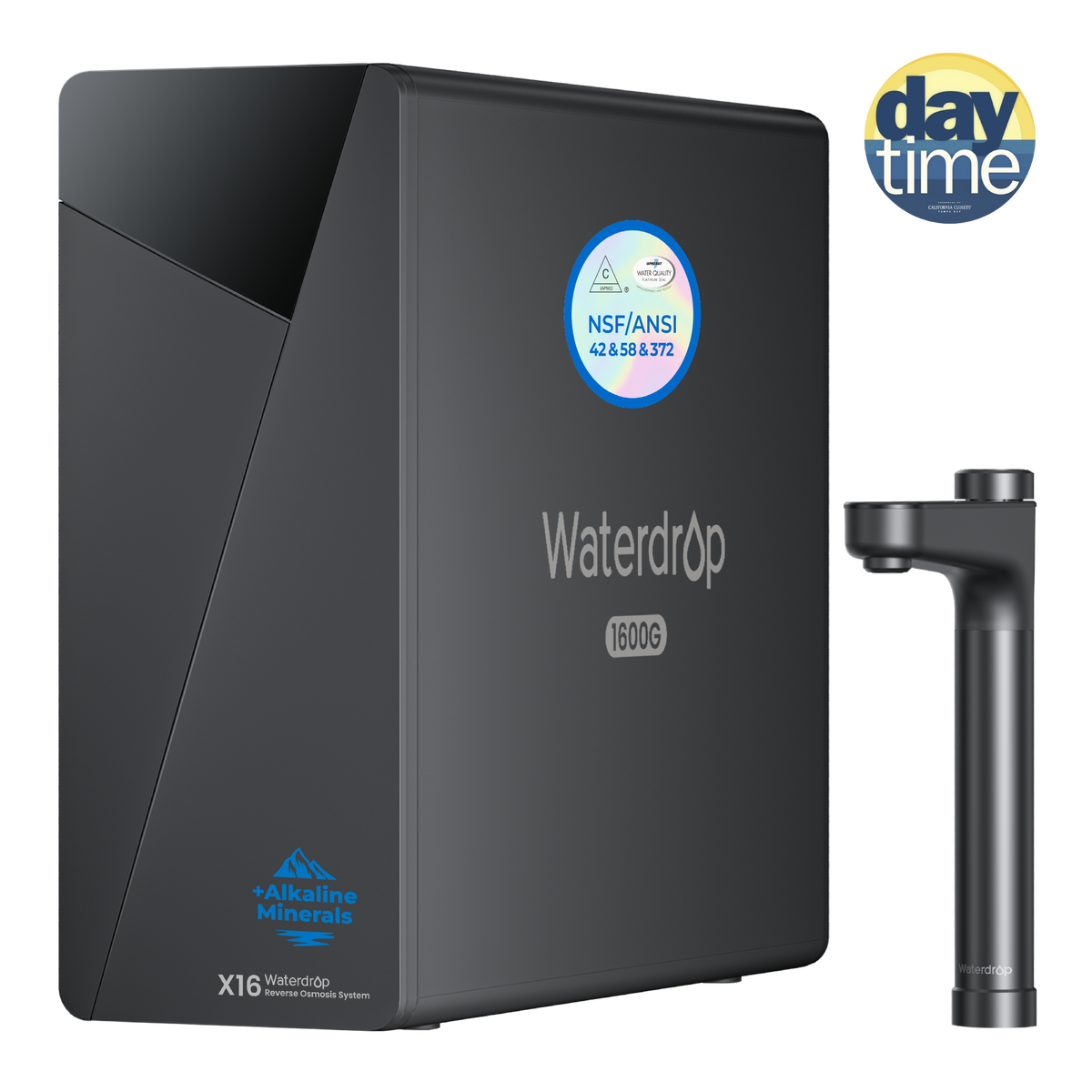 Black Waterdrop reverse osmosis main unit with countertop faucet and NSF/ANSI badge